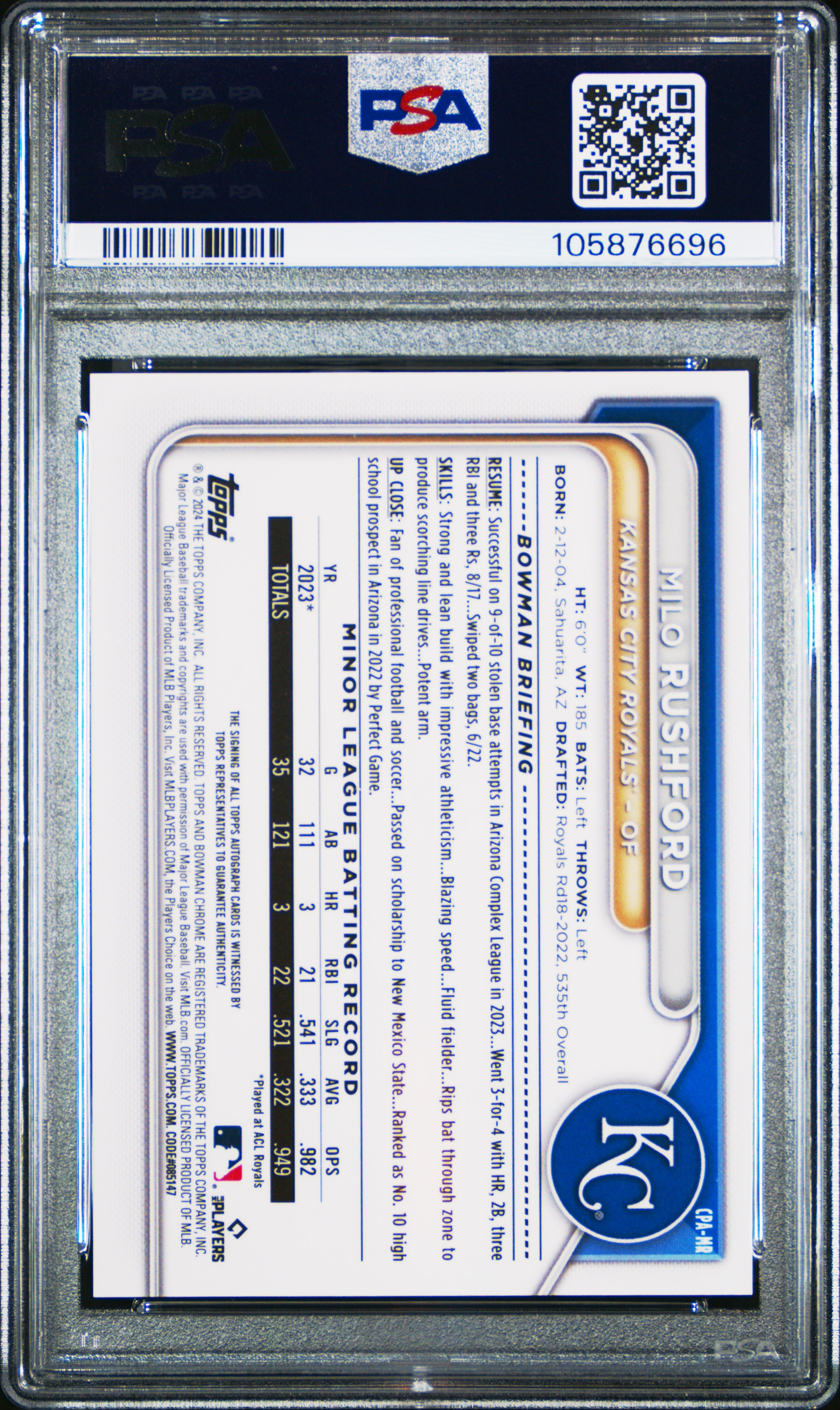 2024 Bowman Chrome Prospect Autographs Milo Rushford #Cpamr (Prospect Auto-Speckle Ref) Gem Mt 10 back