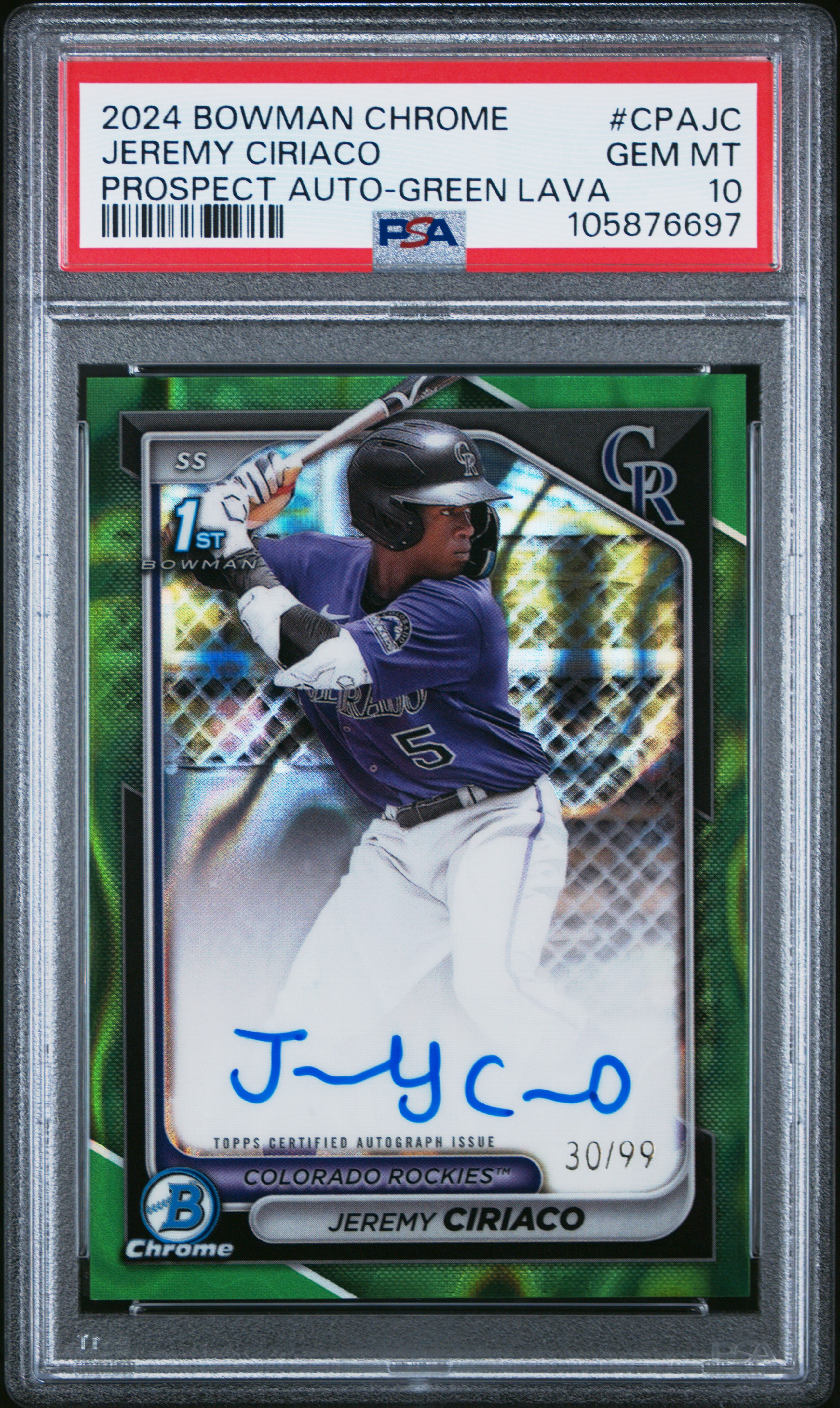 2024 Bowman Chrome Prospect Autographs Jeremy Ciriaco #Cpajc (Prospect Auto-Green Lava) Gem Mt 10 front