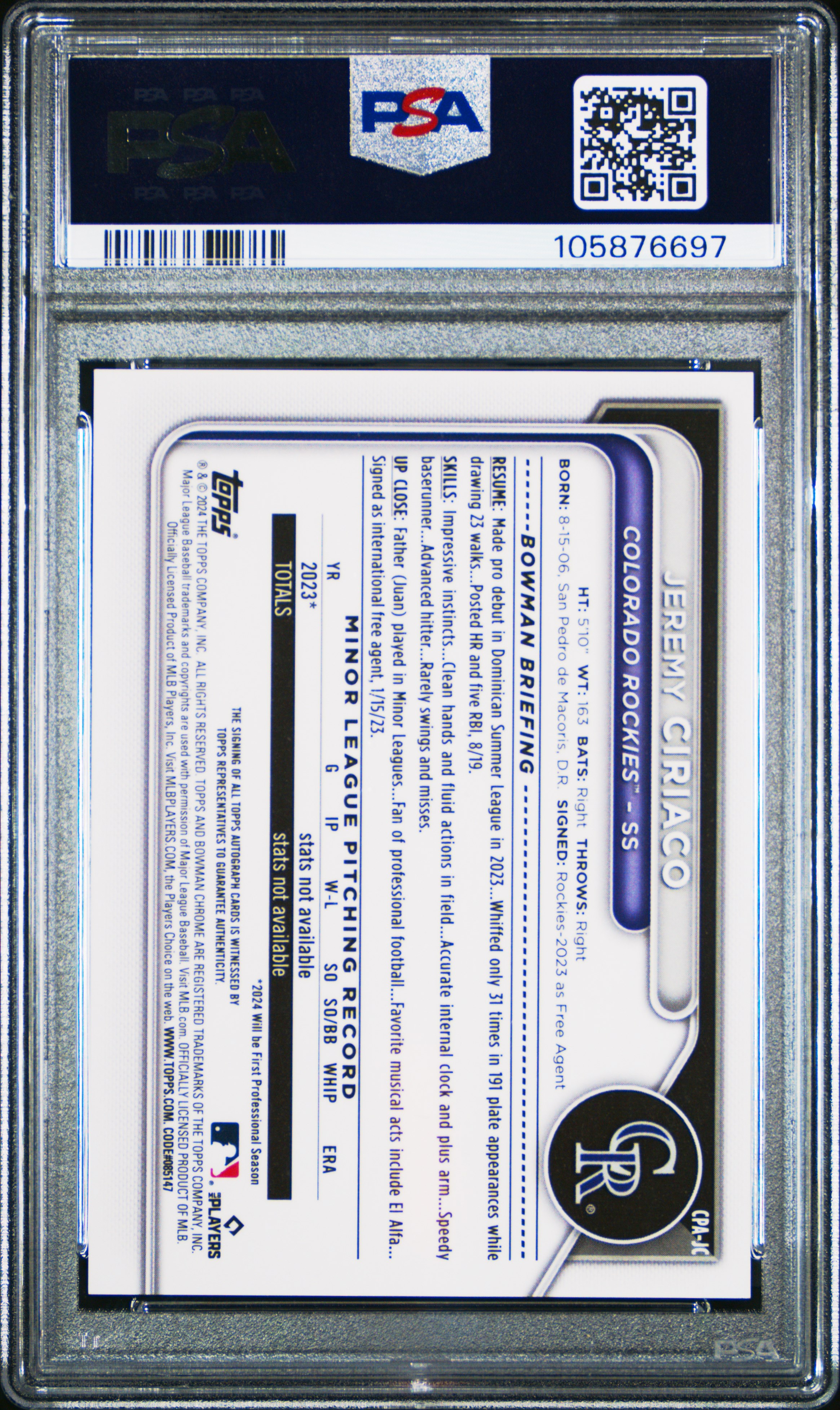 2024 Bowman Chrome Prospect Autographs Jeremy Ciriaco #Cpajc (Prospect Auto-Green Lava) Gem Mt 10 back