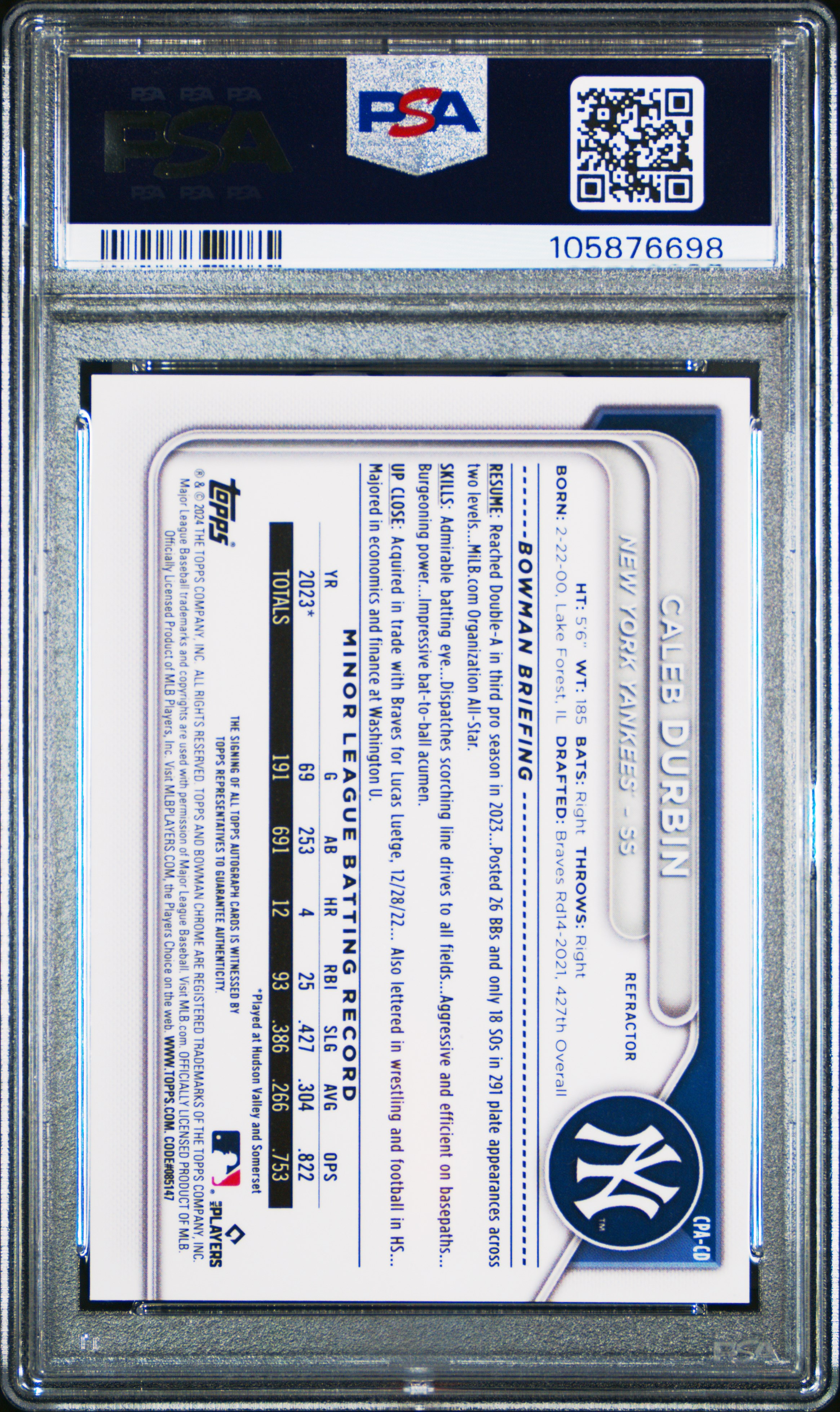 2024 Bowman Chrome Prospect Autographs Caleb Durbin #Cpacd (Prospect Auto-Refractor) Gem Mt 10 back