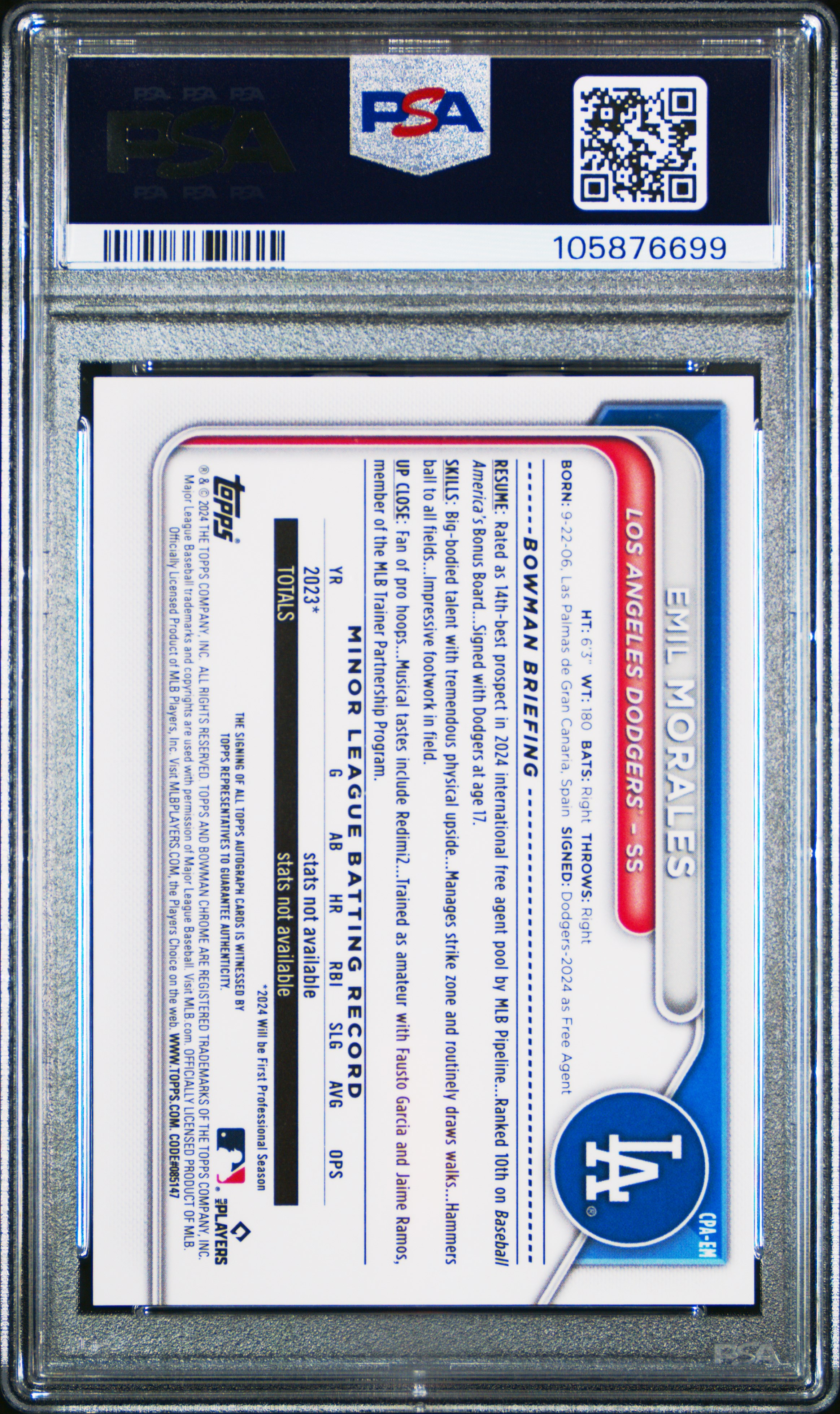 2024 Bowman Chrome Prospect Autographs Emil Morales #Cpaem (Prospect Au-Hta Choice Ref) Mint 9 back