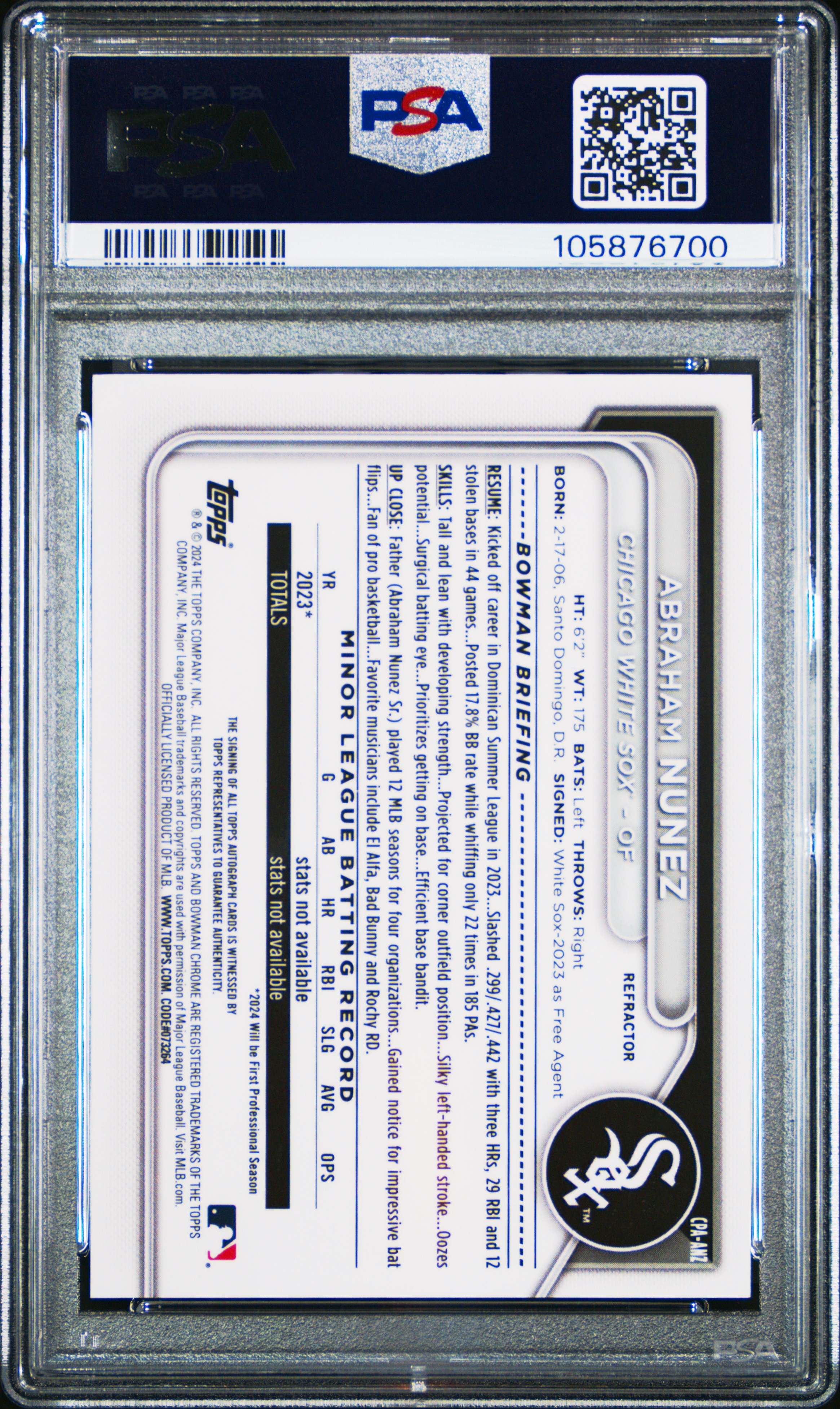 2024 Bowman Chrome Prospect Autographs Abraham Nunez #Cpaanz (Prospect Auto-Refractor) Mint 9 back