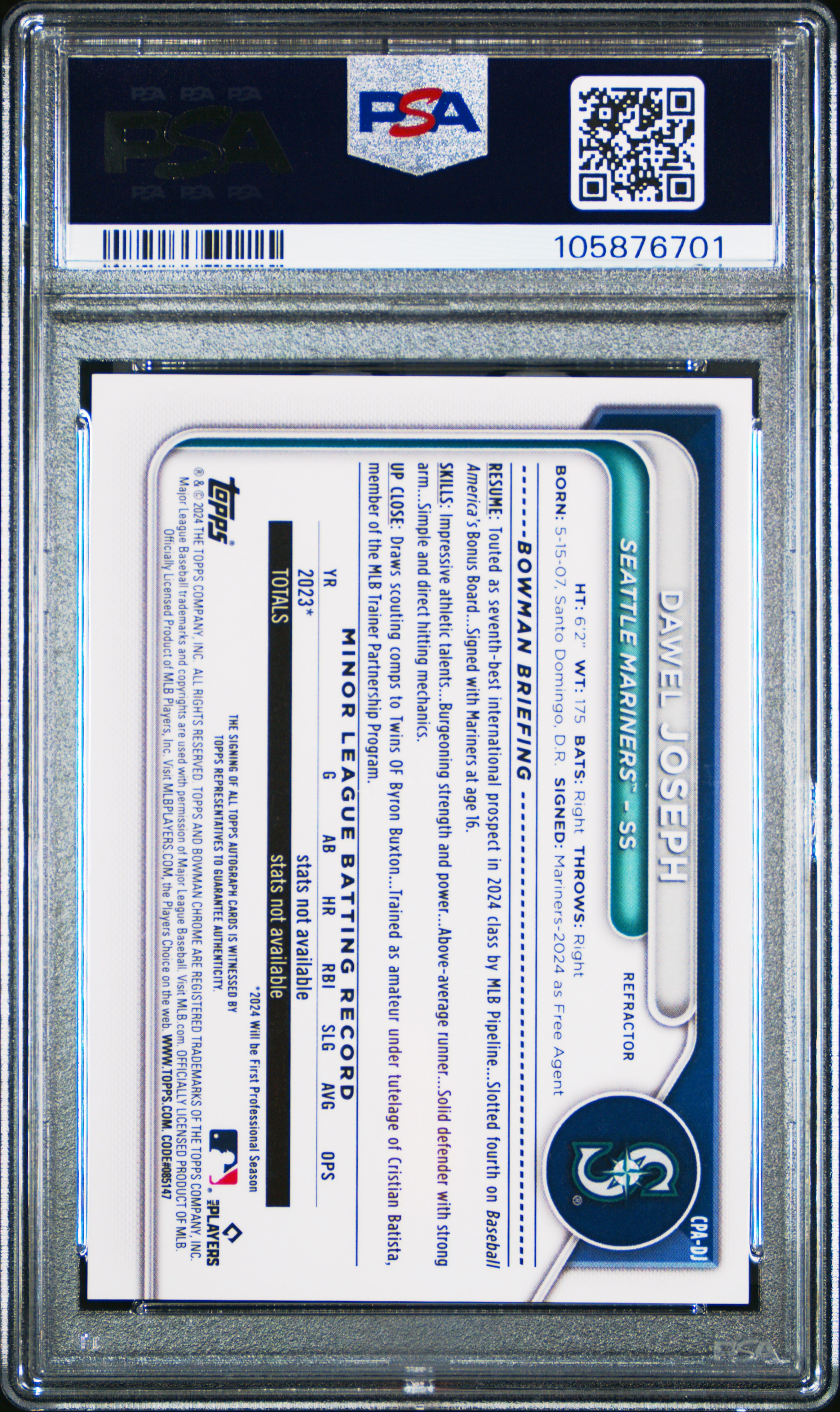 2024 Bowman Chrome Prospect Autographs Dawel Joseph #Cpadj (Prospect Auto-Refractor) Mint 9 back