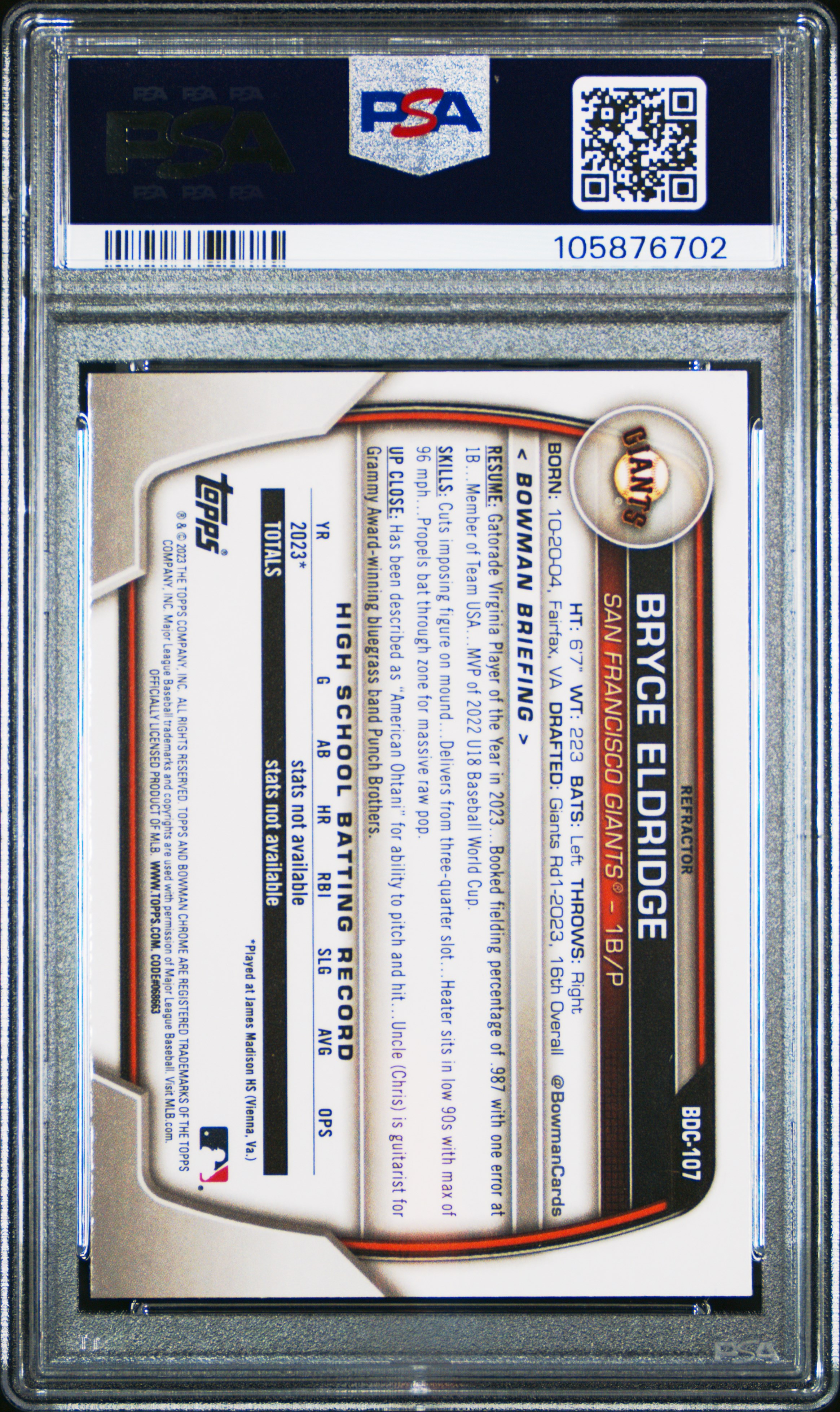 2023 Bowman Draft Bryce Eldridge #Bdc107 (Chrome-Refractor) Gem Mt 10 back