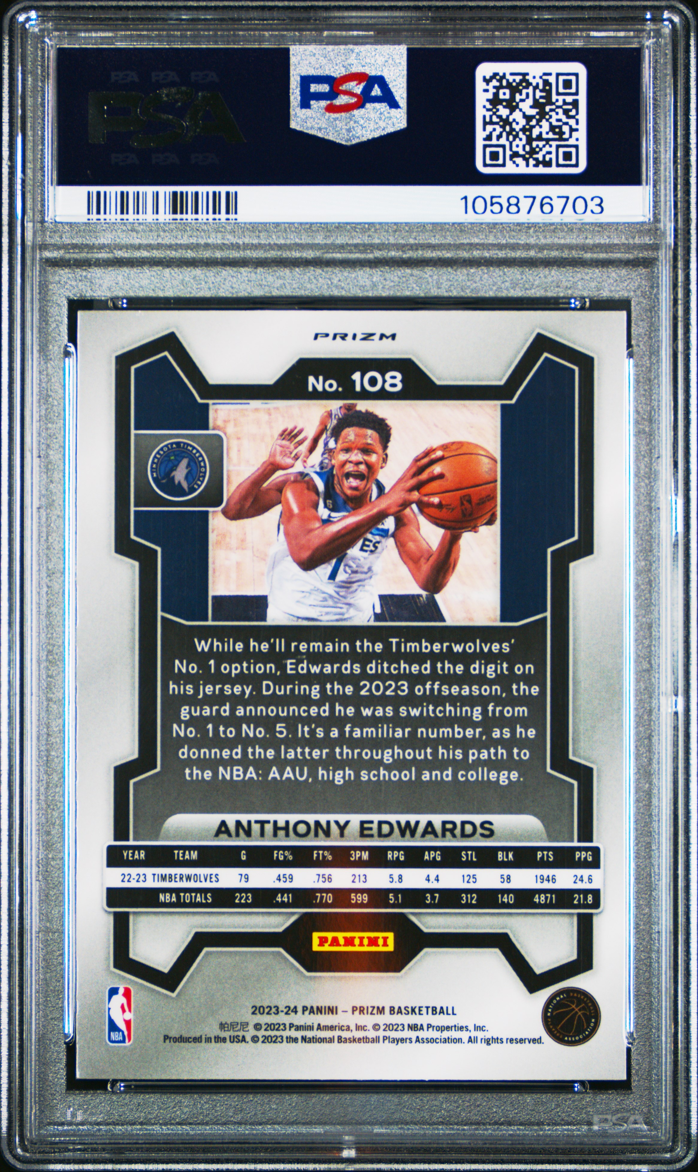 2023 Panini Prizm Anthony Edwards #108 (Red Ice) Gem Mt 10 back