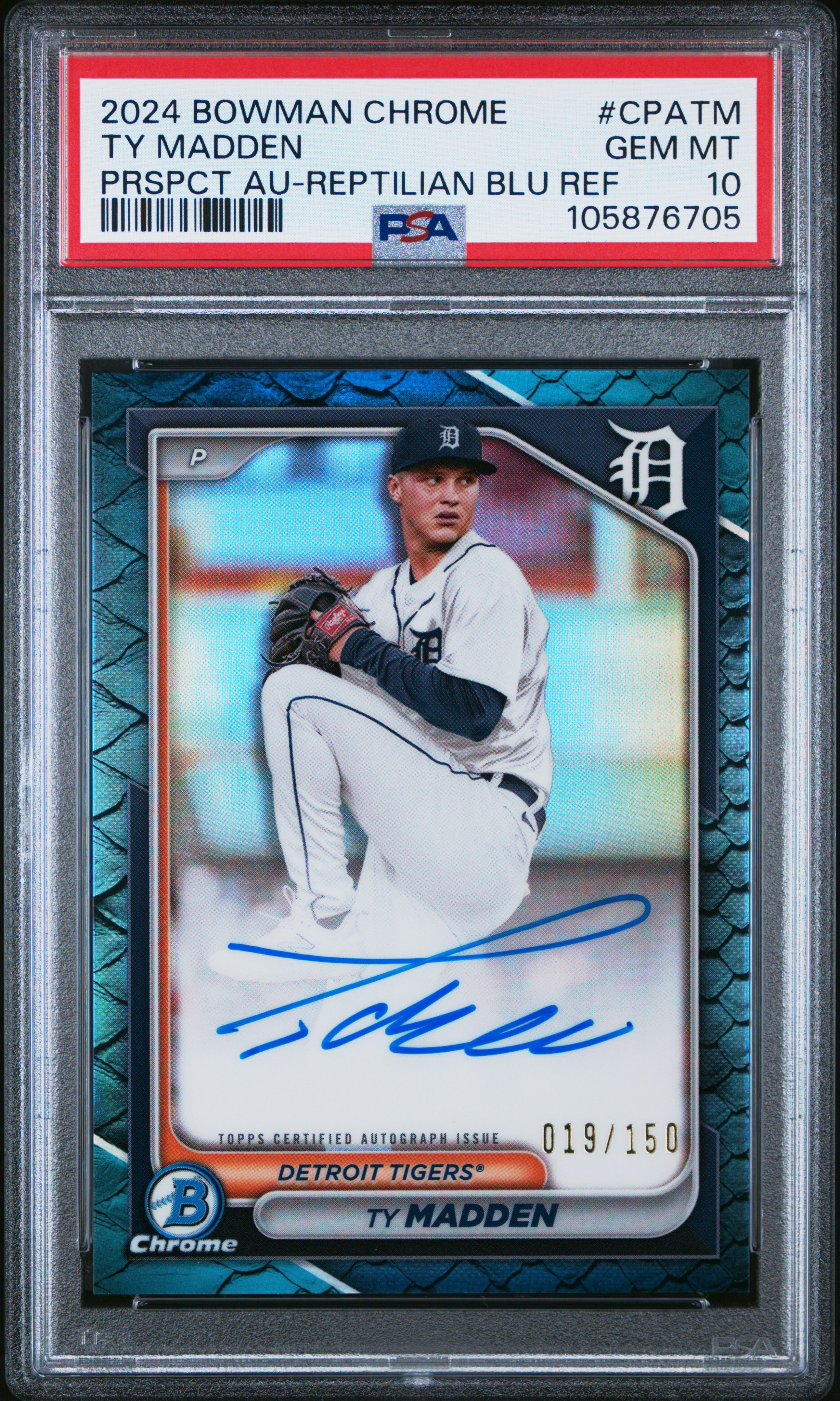 2024 Bowman Chrome Prospect Autographs Ty Madden #Cpatm (Prspct Au-Reptilian Blu Ref) Gem Mt 10 front