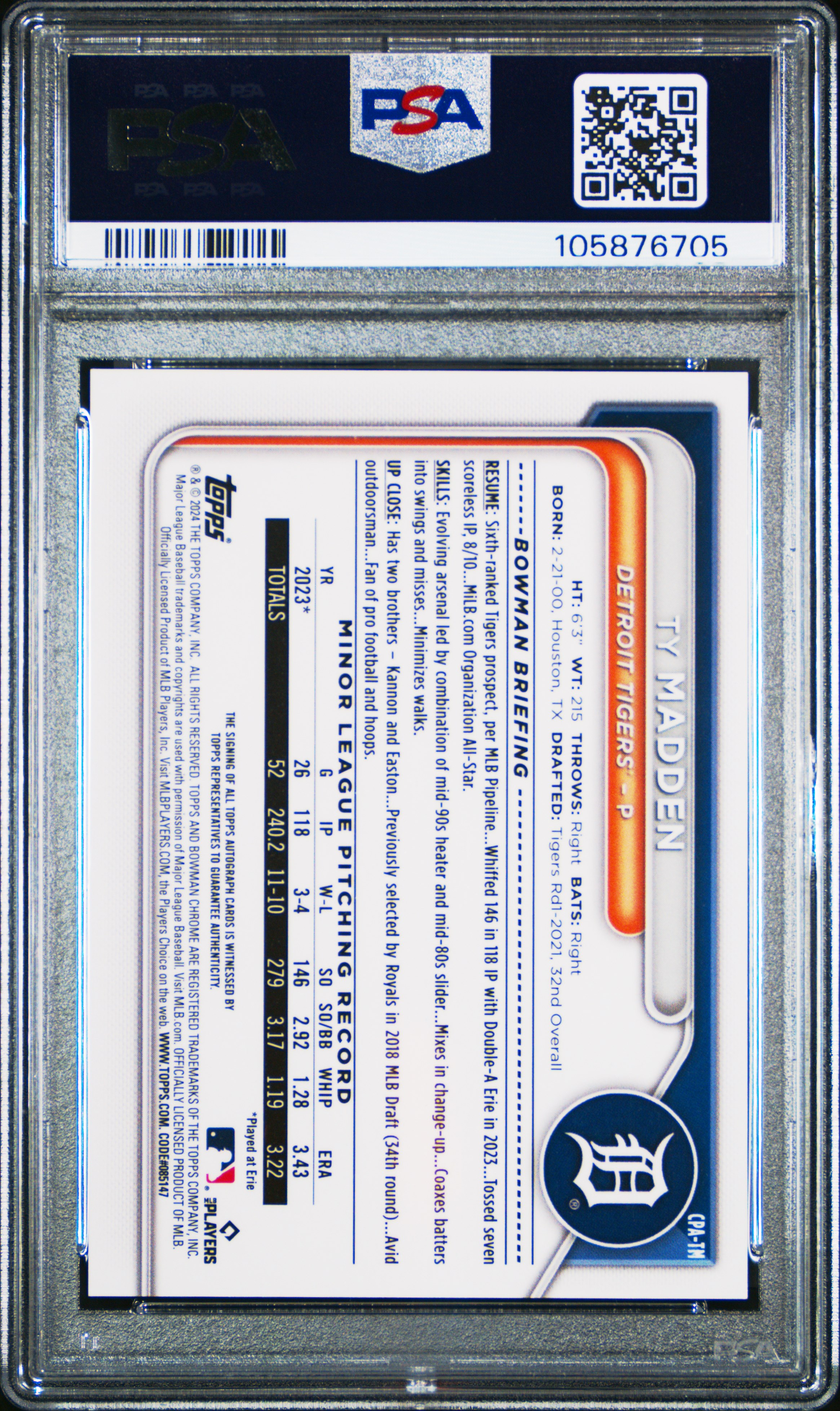 2024 Bowman Chrome Prospect Autographs Ty Madden #Cpatm (Prspct Au-Reptilian Blu Ref) Gem Mt 10 back