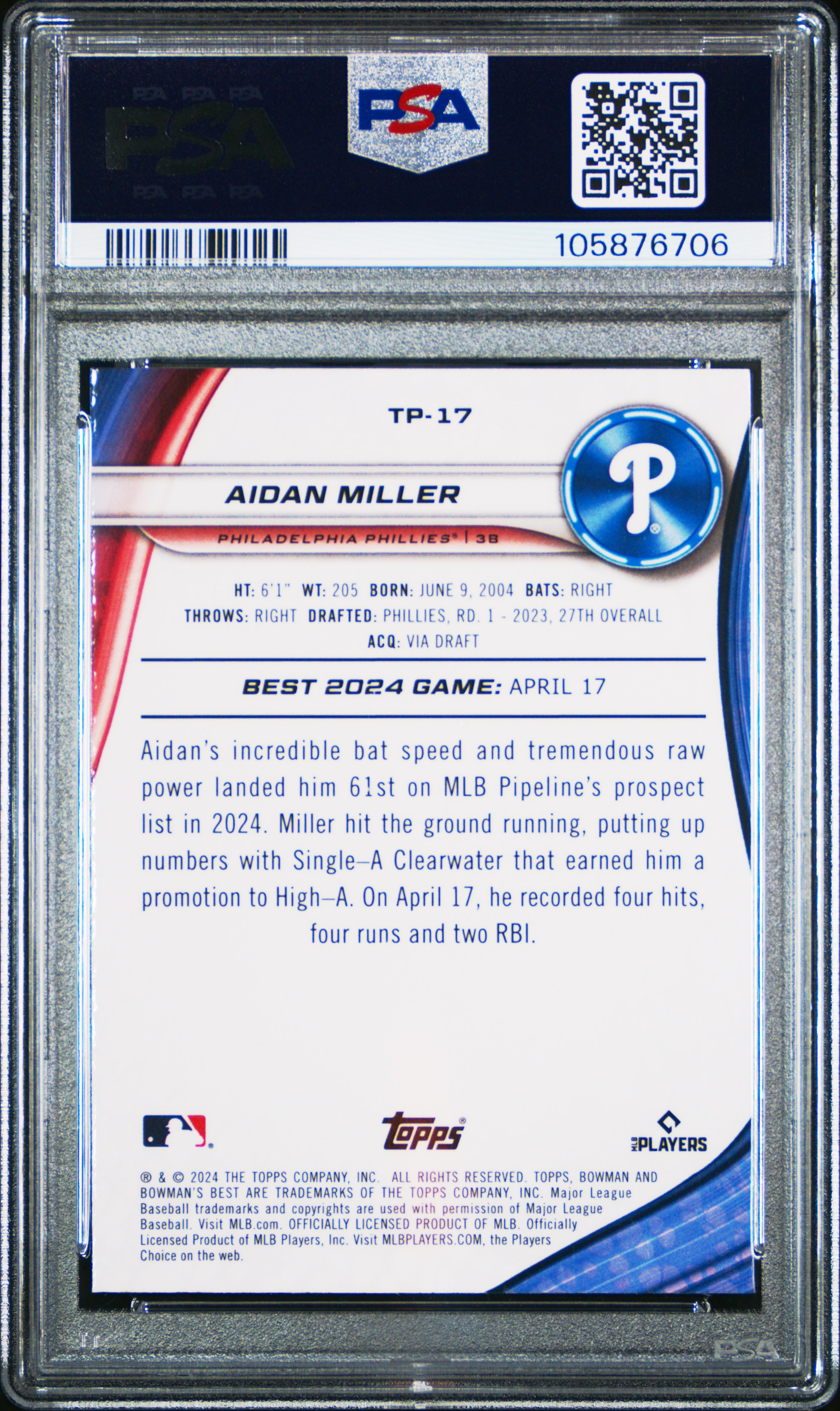 2024 Bowman's Best Top Prospects Aidan Miller #Tp17 (Top Prospects-Gold Lava) Gem Mt 10 back