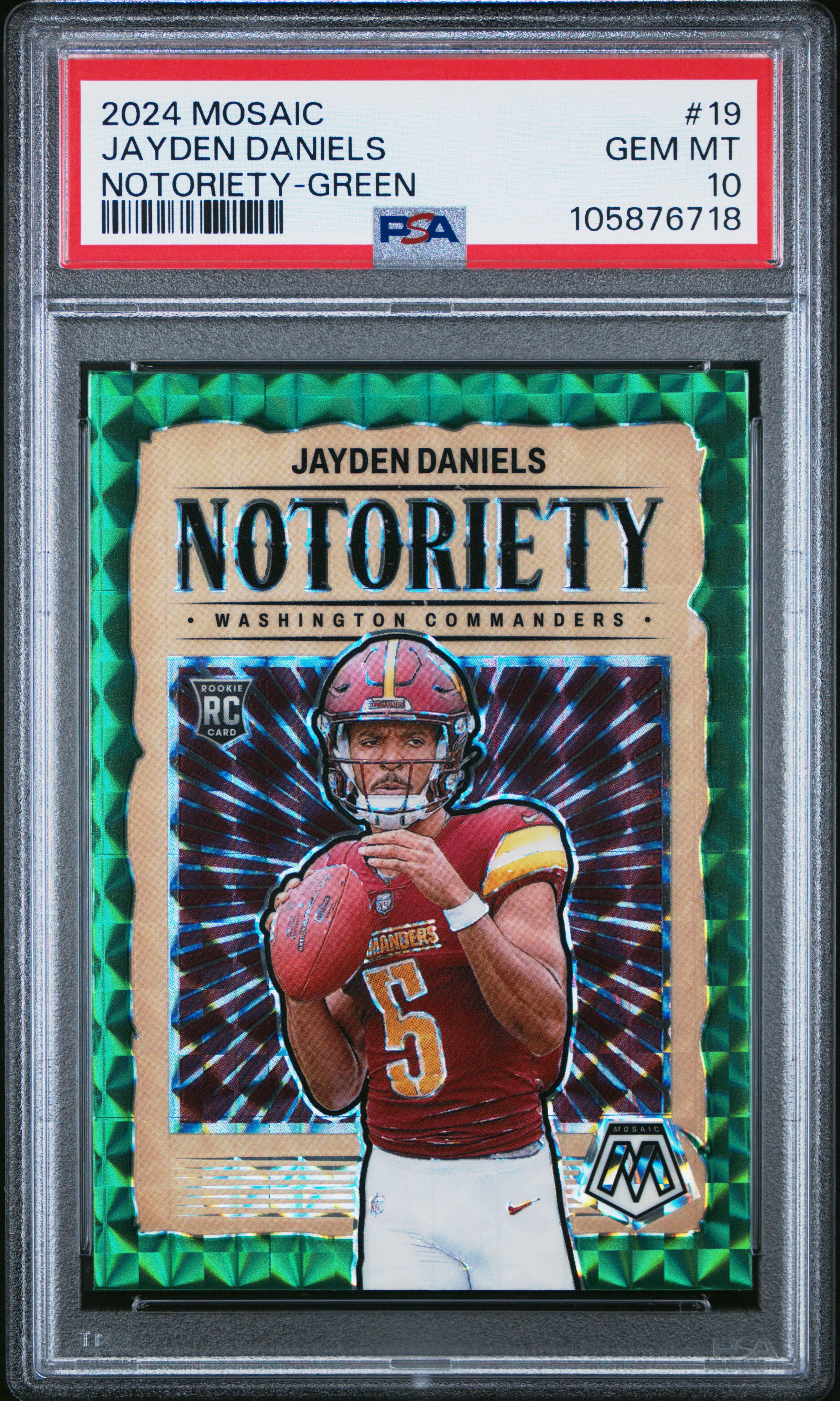 2024 Panini Mosaic Notoriety Jayden Daniels #19 (Notoriety-Green) Gem Mt 10 front