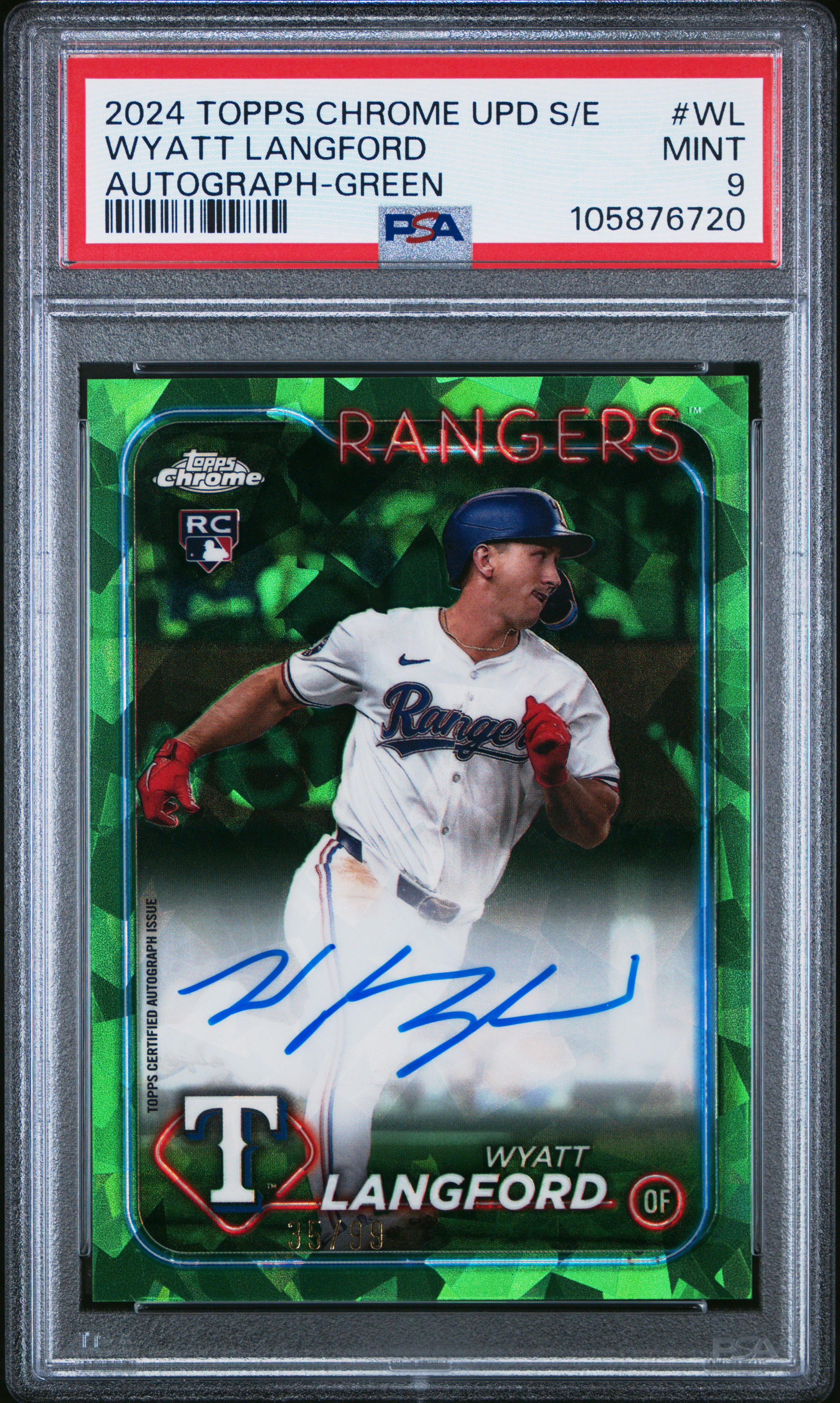 2024 Topps Chrome Sapphire Update Series Chrome Sapphire Autographs Wyatt Langford #Wl (Autograph-Green) Mint 9 front
