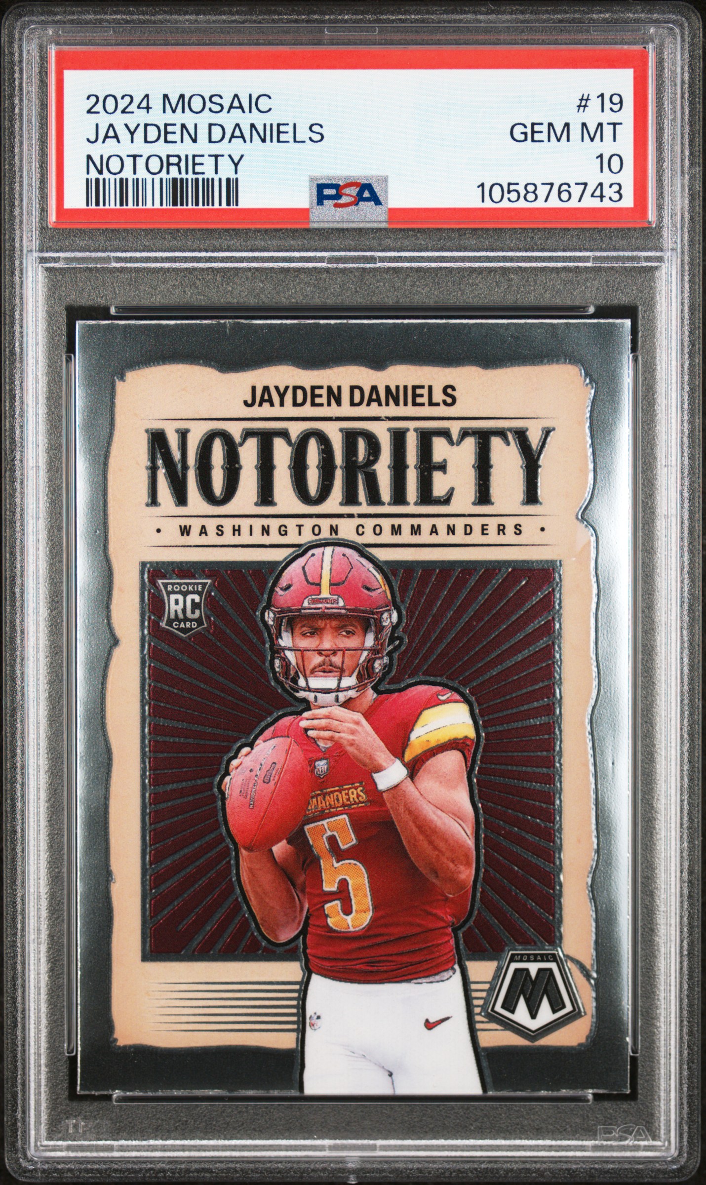 2024 Panini Mosaic Notoriety Jayden Daniels #19 Gem Mt 10 front