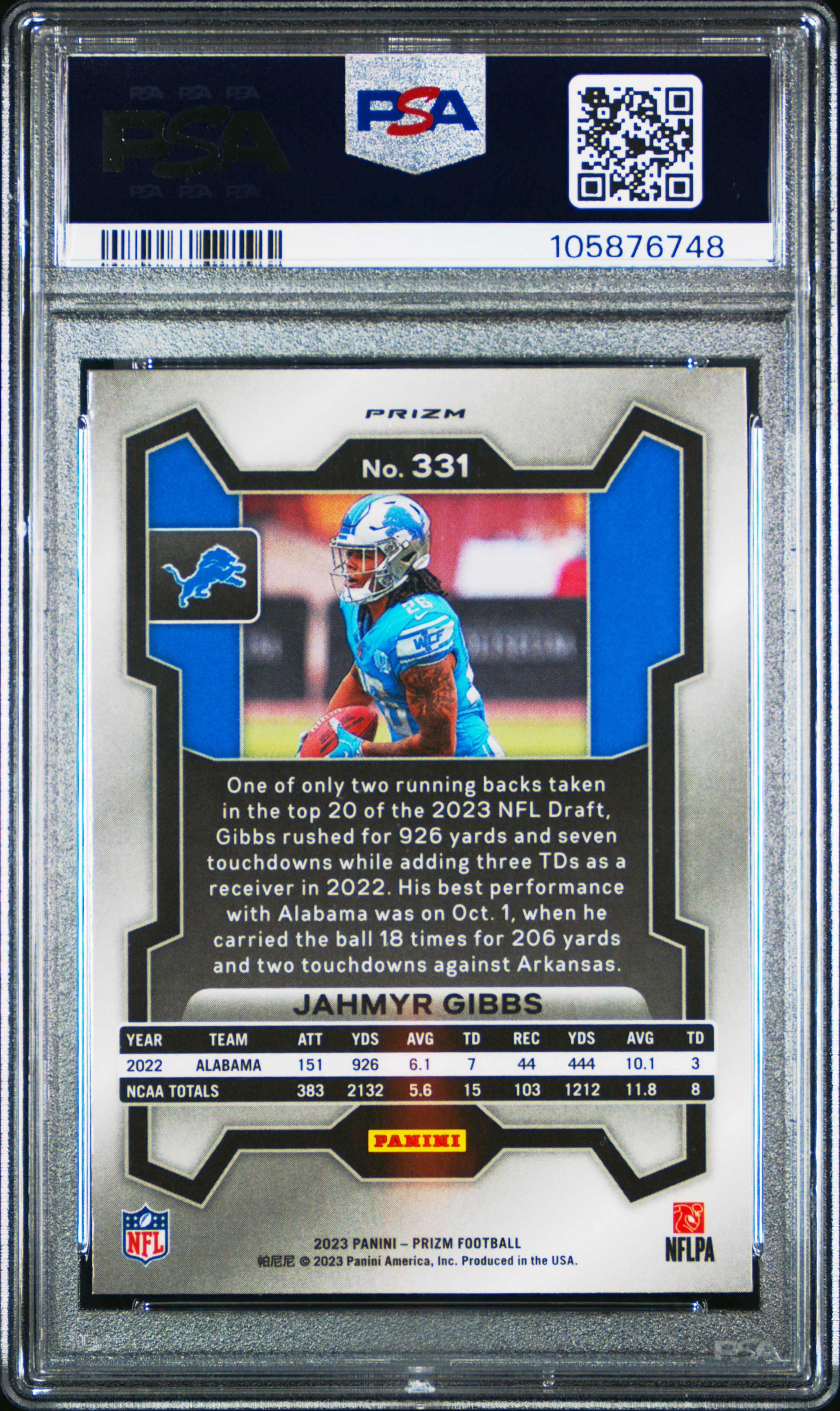 2023 Panini Prizm Jahmyr Gibbs #331 (Silver Prizm) Mint 9 back