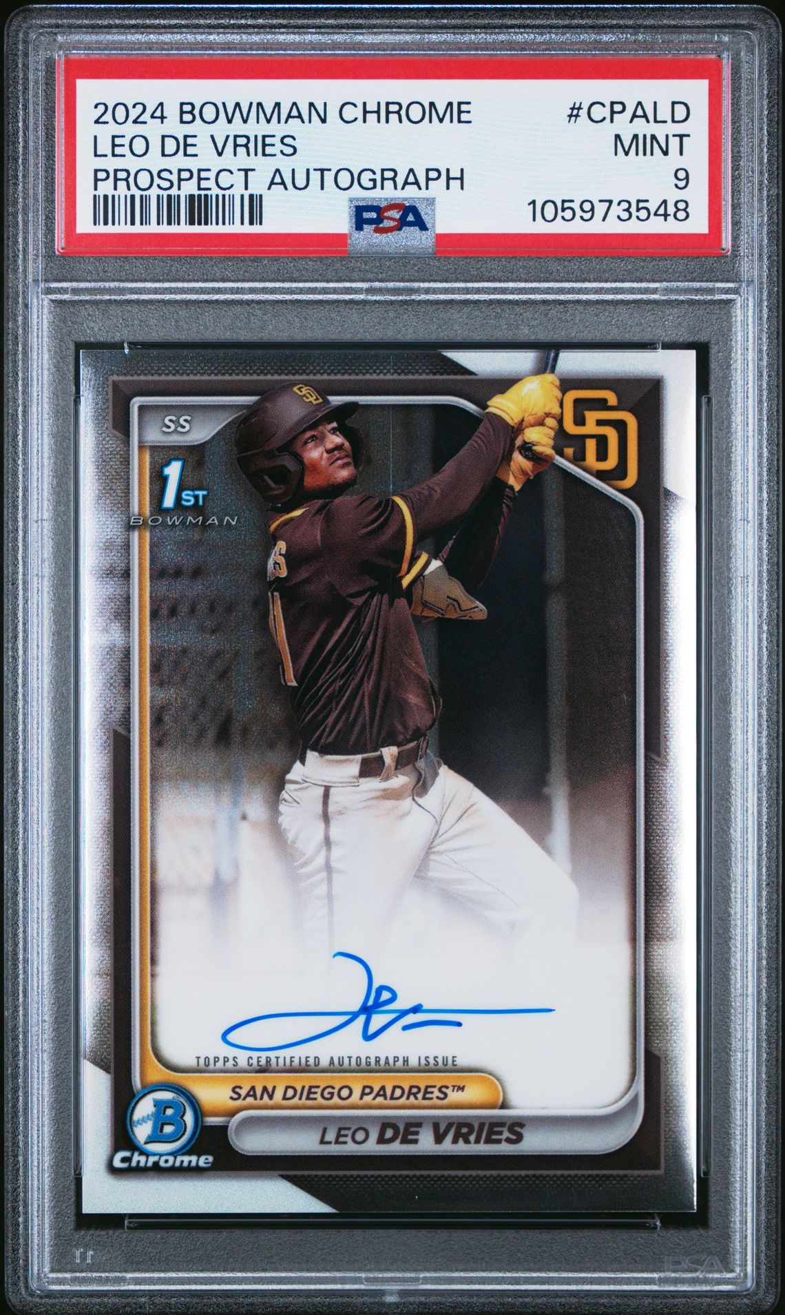 2024 Bowman Chrome Prospect Autographs Leo De Vries #Cpald (Prospect Autograph) Mint 9 front
