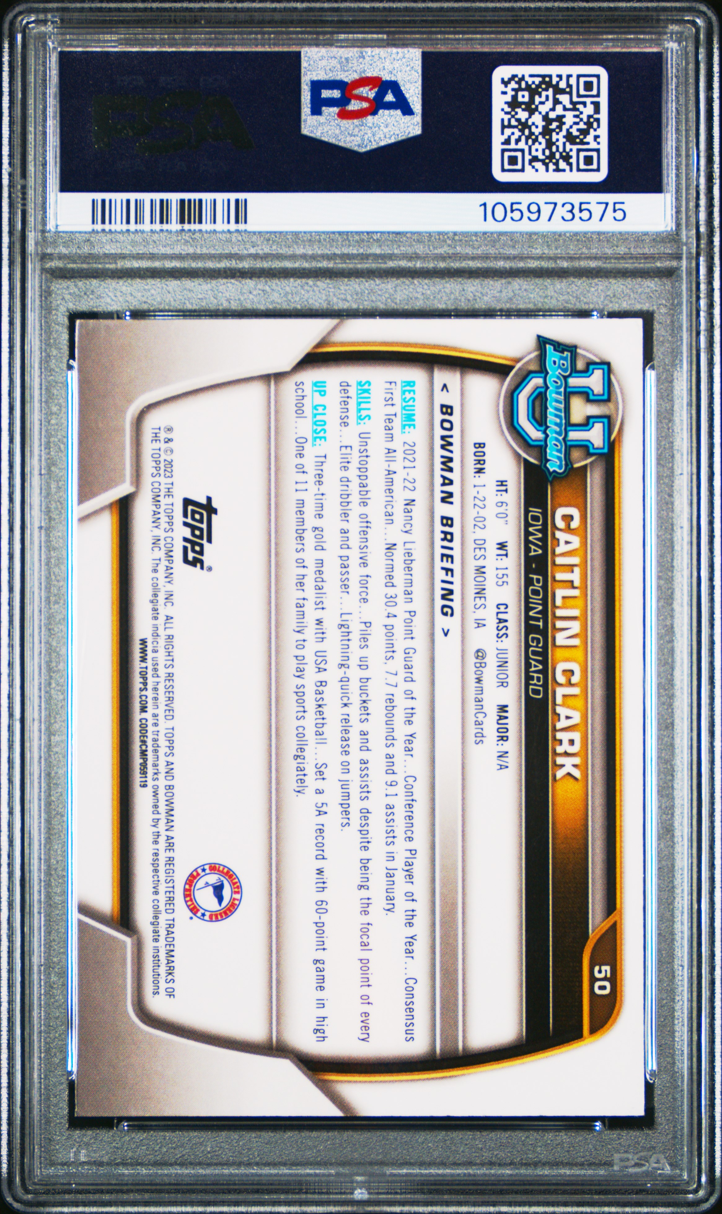 2022 Bowman Chrome University Caitlin Clark #50 (Pink Refractor) Mint 9 front