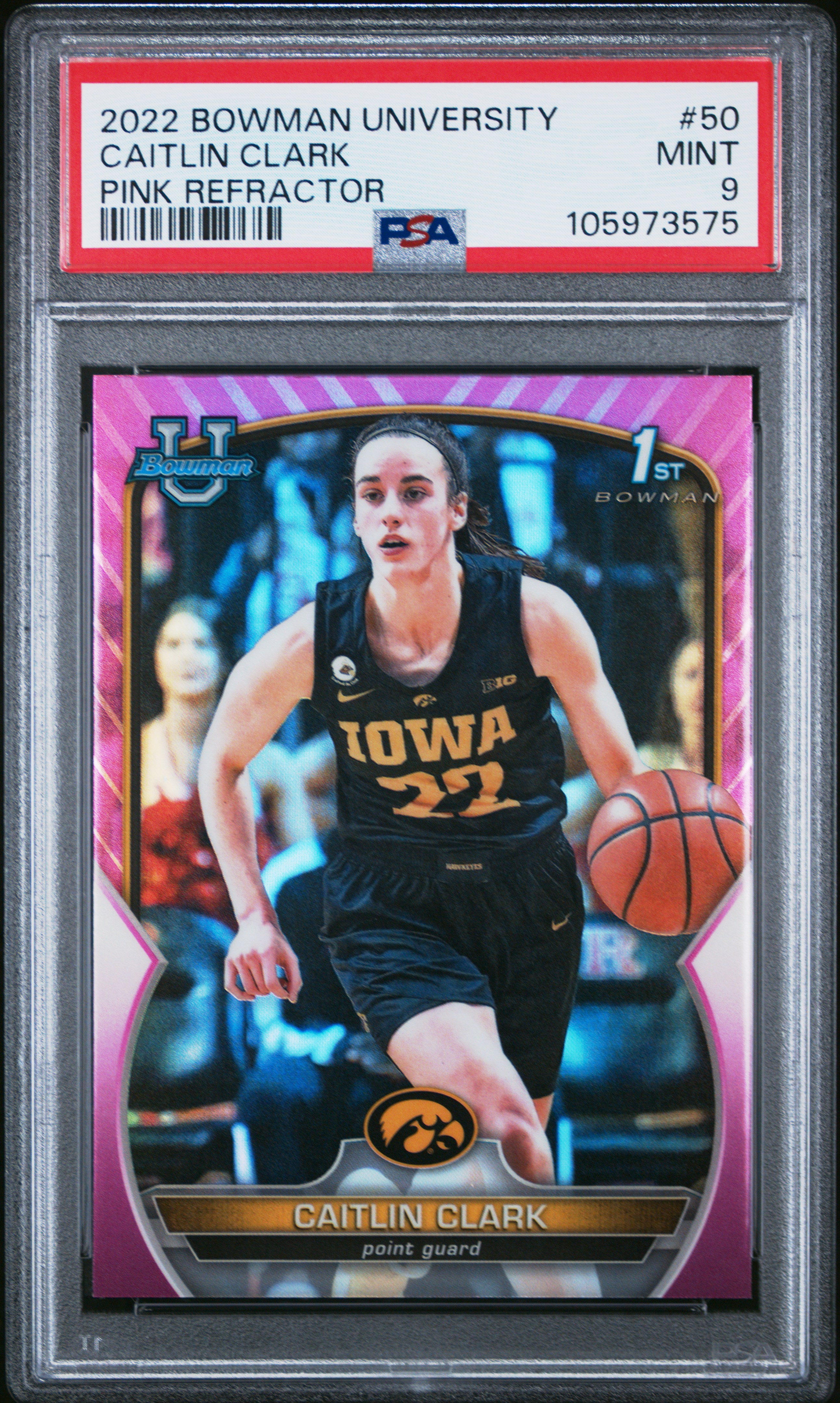 2022 Bowman Chrome University Caitlin Clark #50 (Pink Refractor) Mint 9 back