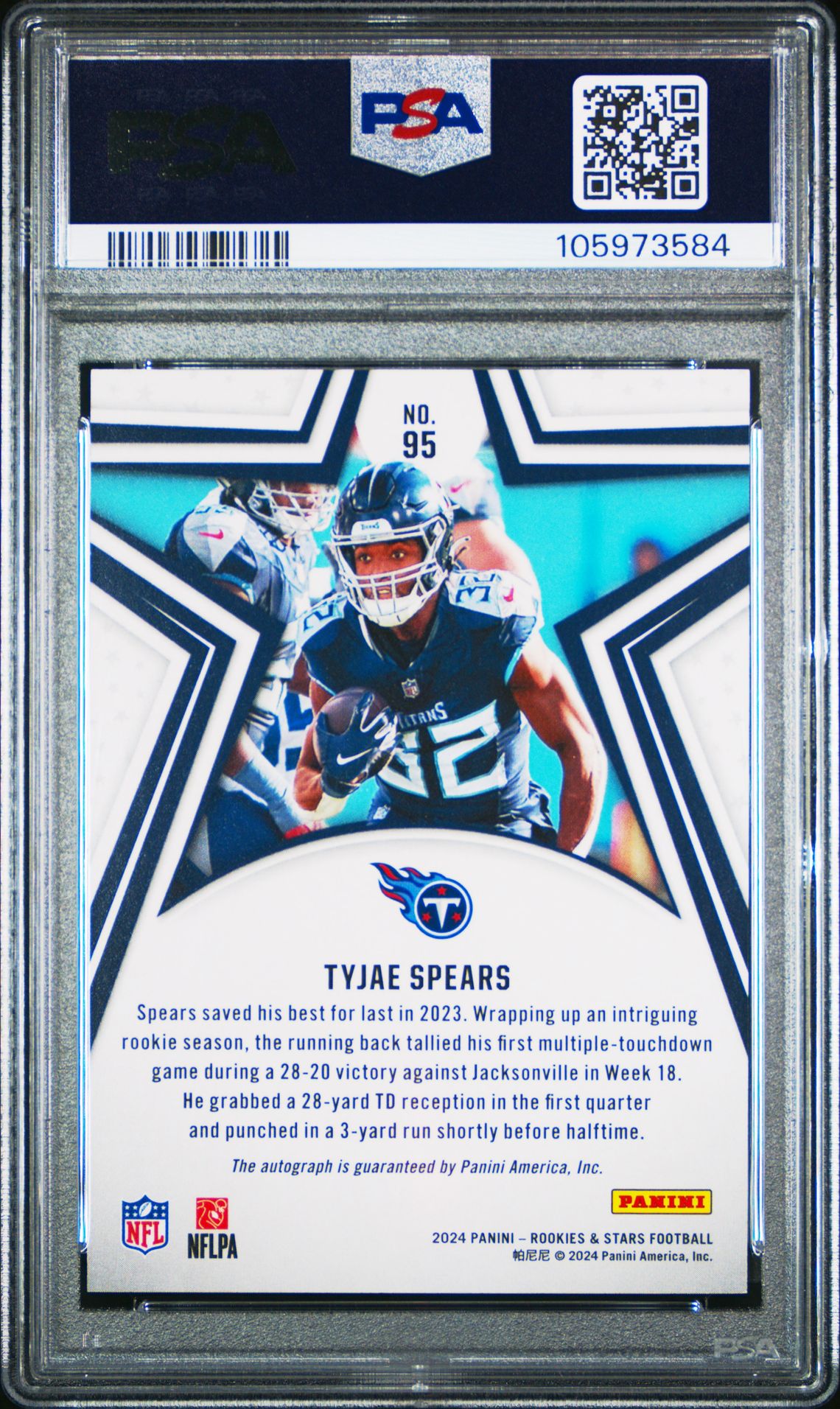2024 Panini Rookies & Stars Tyjae Spears #95 (Autograph-Longevity) Gem Mt 10 back