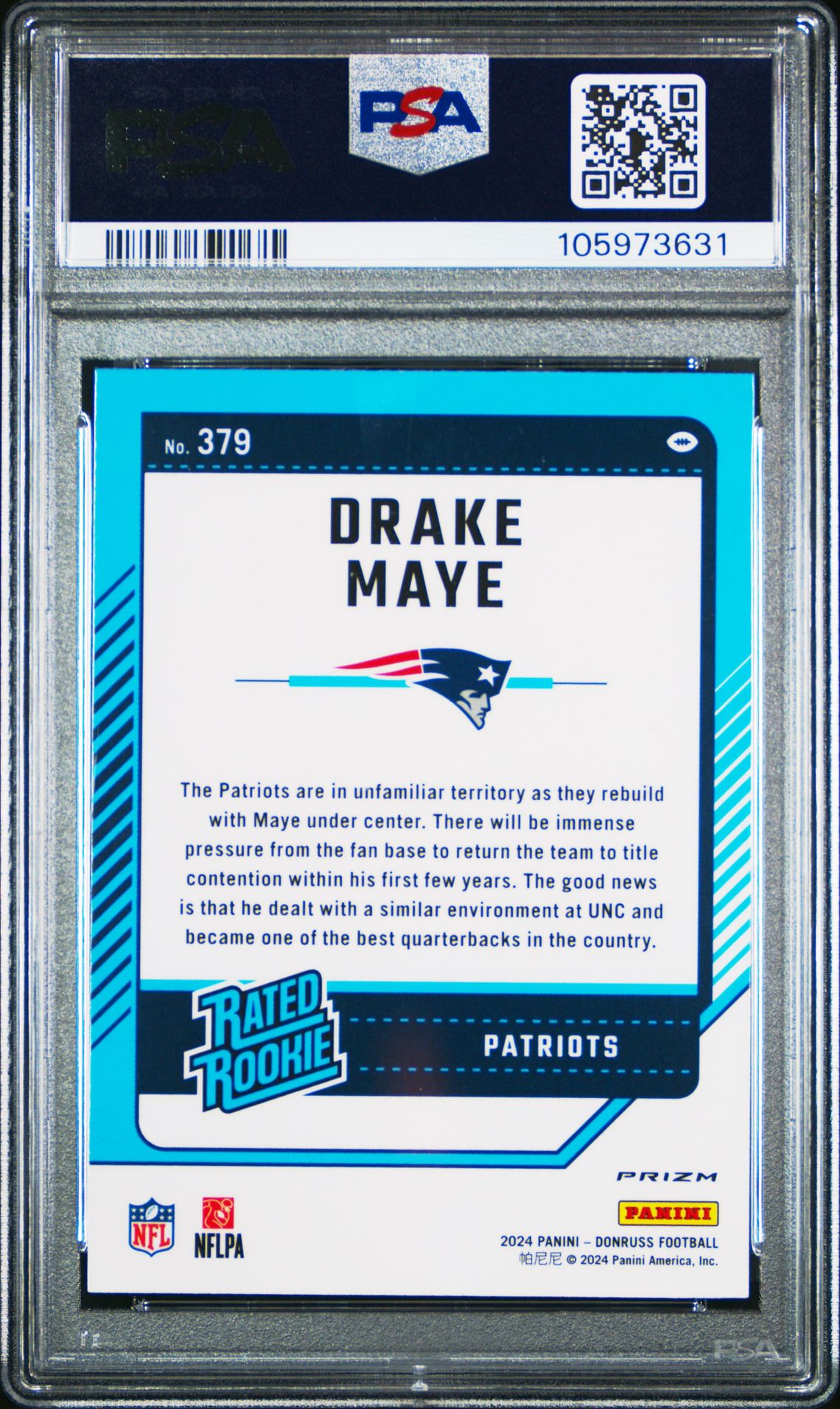 2024 Panini Donruss Drake Maye #379 (Optic Preview-Red & Green) Mint 9 back