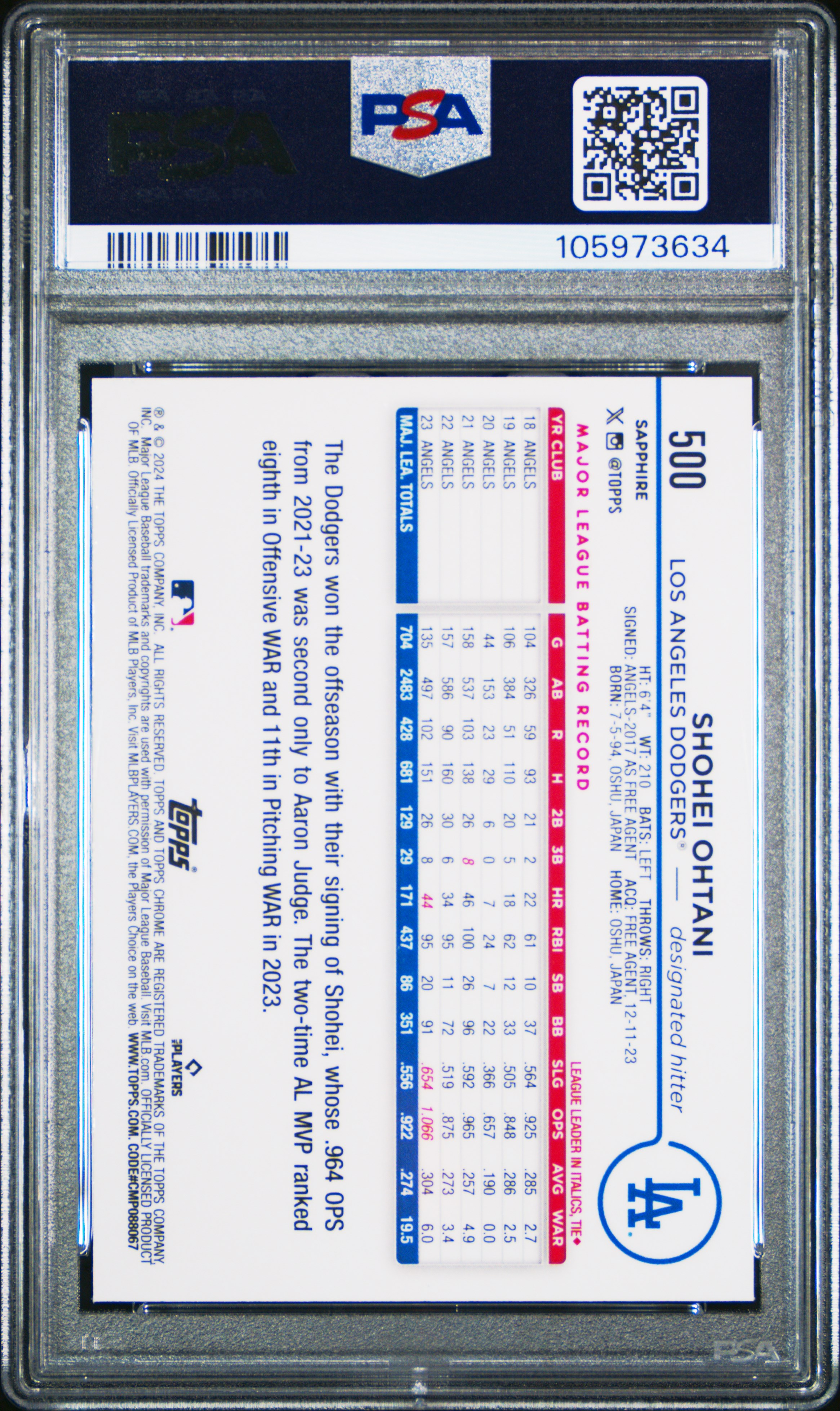 2024 Topps Chrome Sapphire Shohei Ohtani #500 Gem Mt 10 front