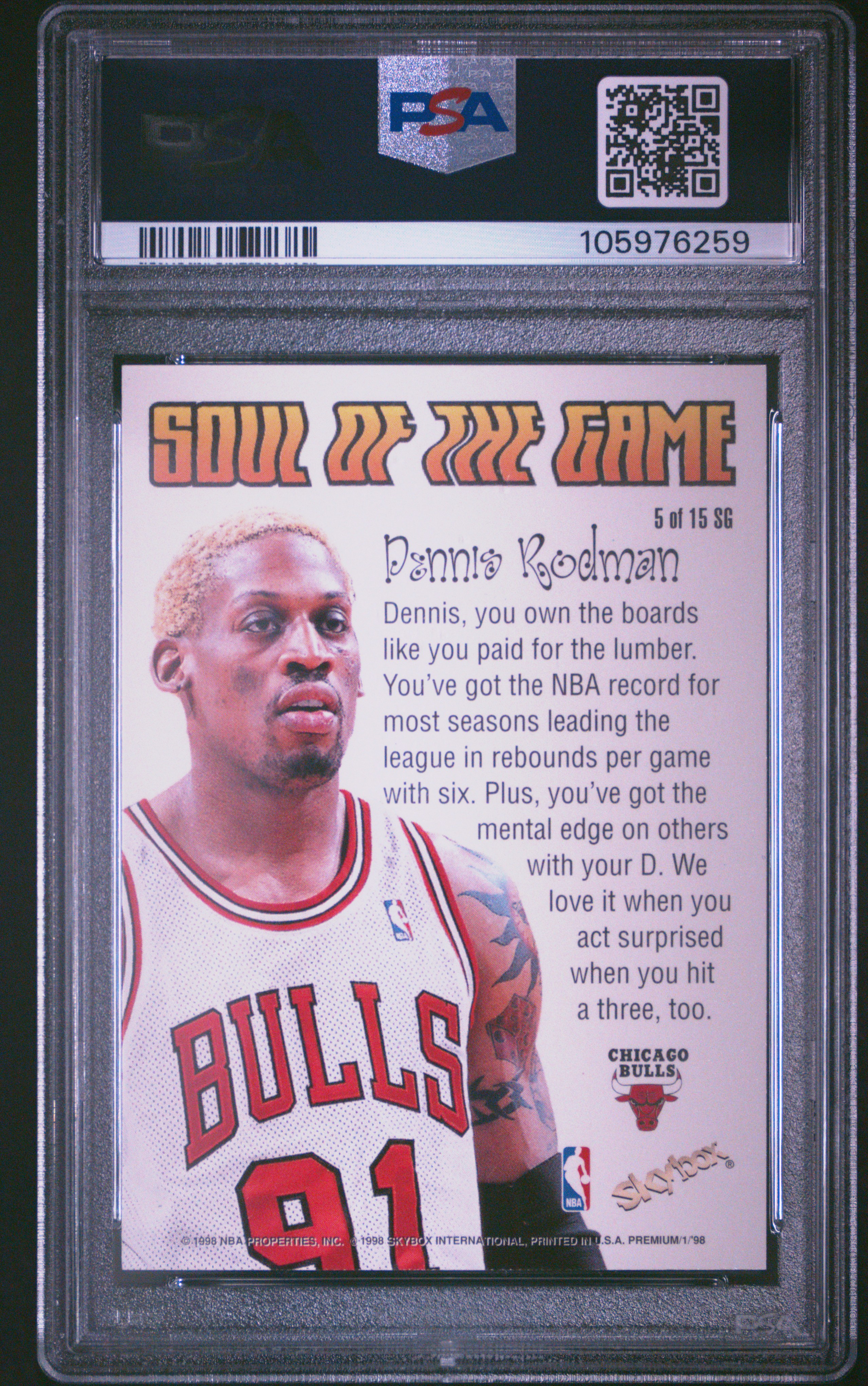 1998 Skybox Premium Soul Of The Game Dennis Rodman #5 (Soul Of The Game) Mint 9 back