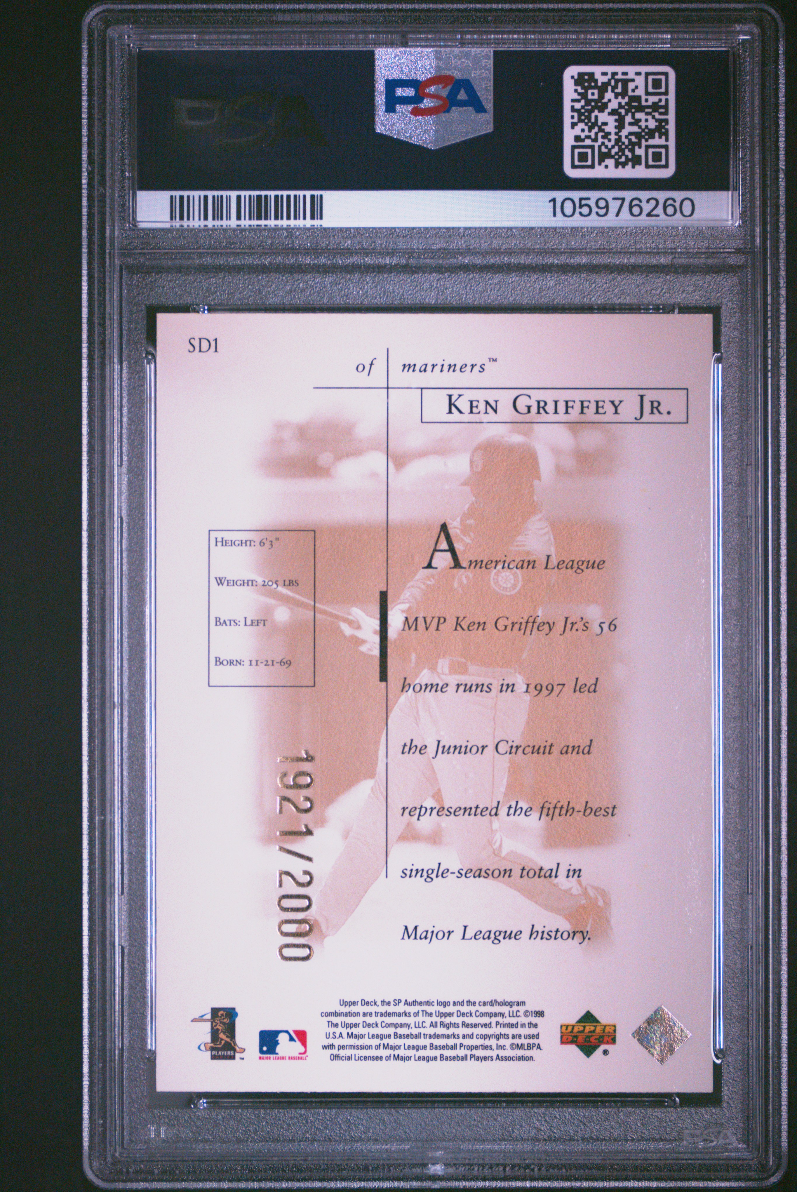 1998 Sp Authentic Sheer Dominance Ken Griffey Jr. #Sd1 (Sheer Dominance-Gold) Nm 7 back