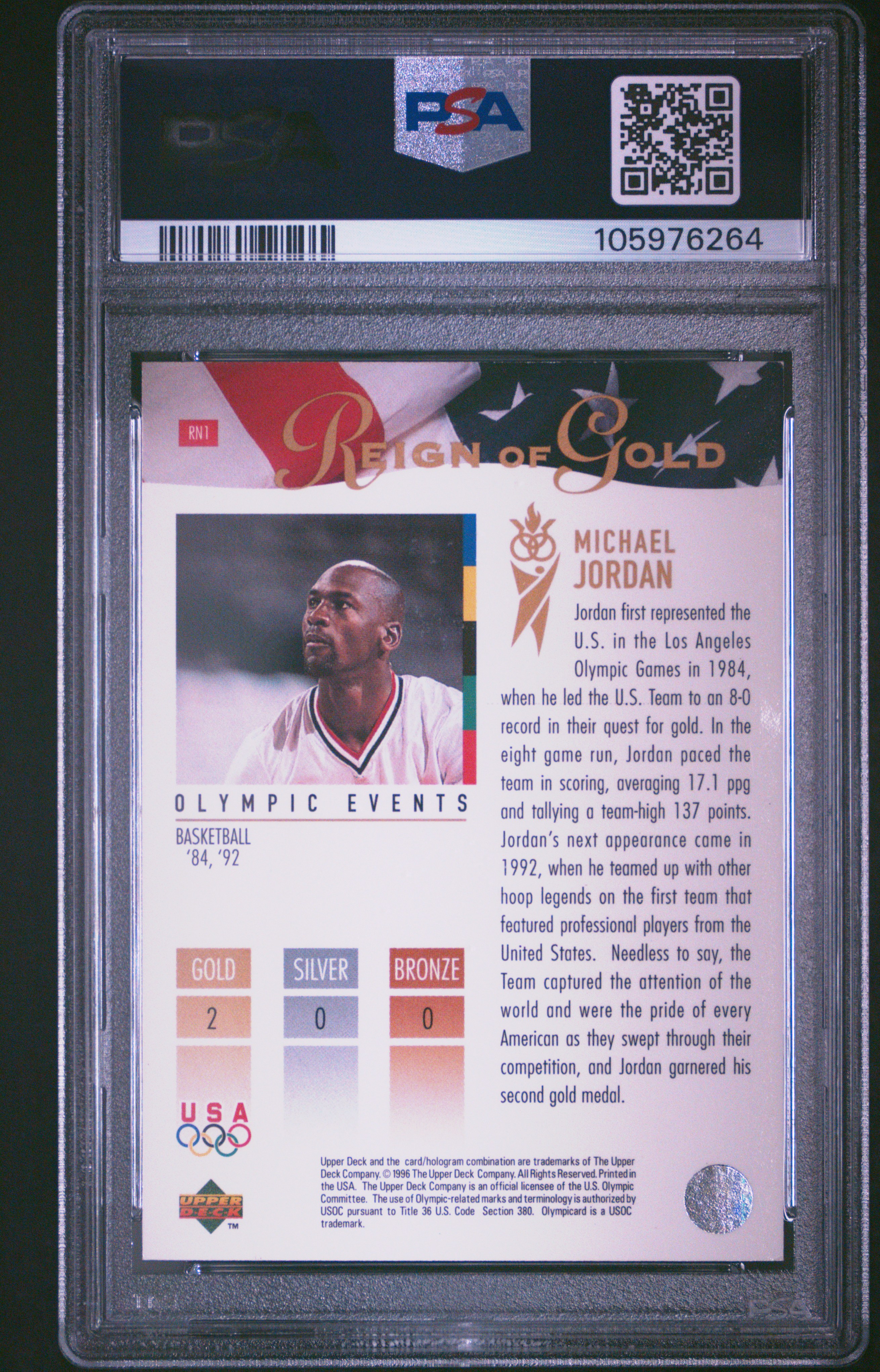 1996 Upper Deck U.s.a Olympicard Reign Of Gold Michael Jordan #Rn1 (Reign Of Gold) Ex-Mt 6 back