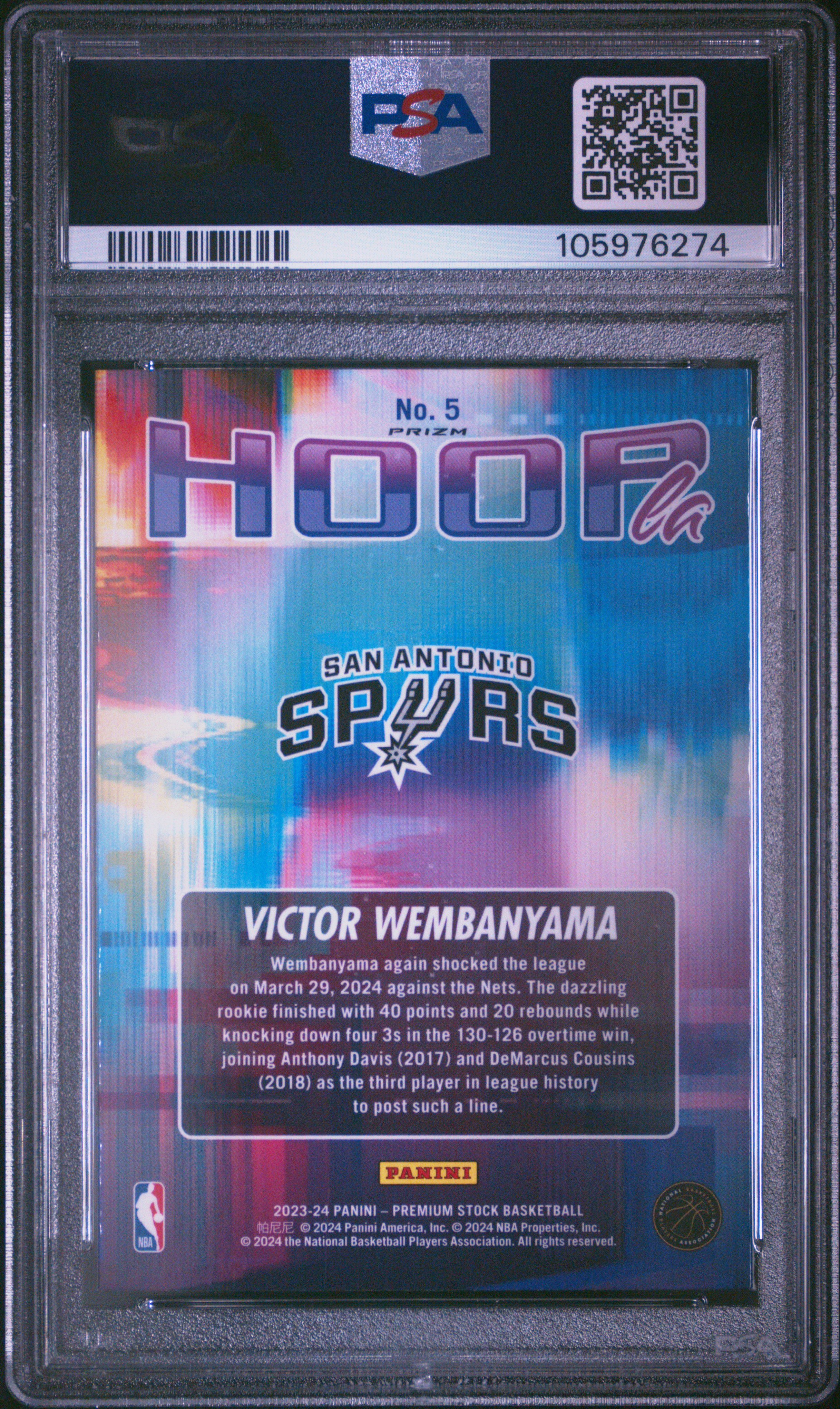 2023 Panini Hoops Premium Stock Hoopla Victor Wembanyama #5 (Hoopla-Silver Prizm) Mint 9 back