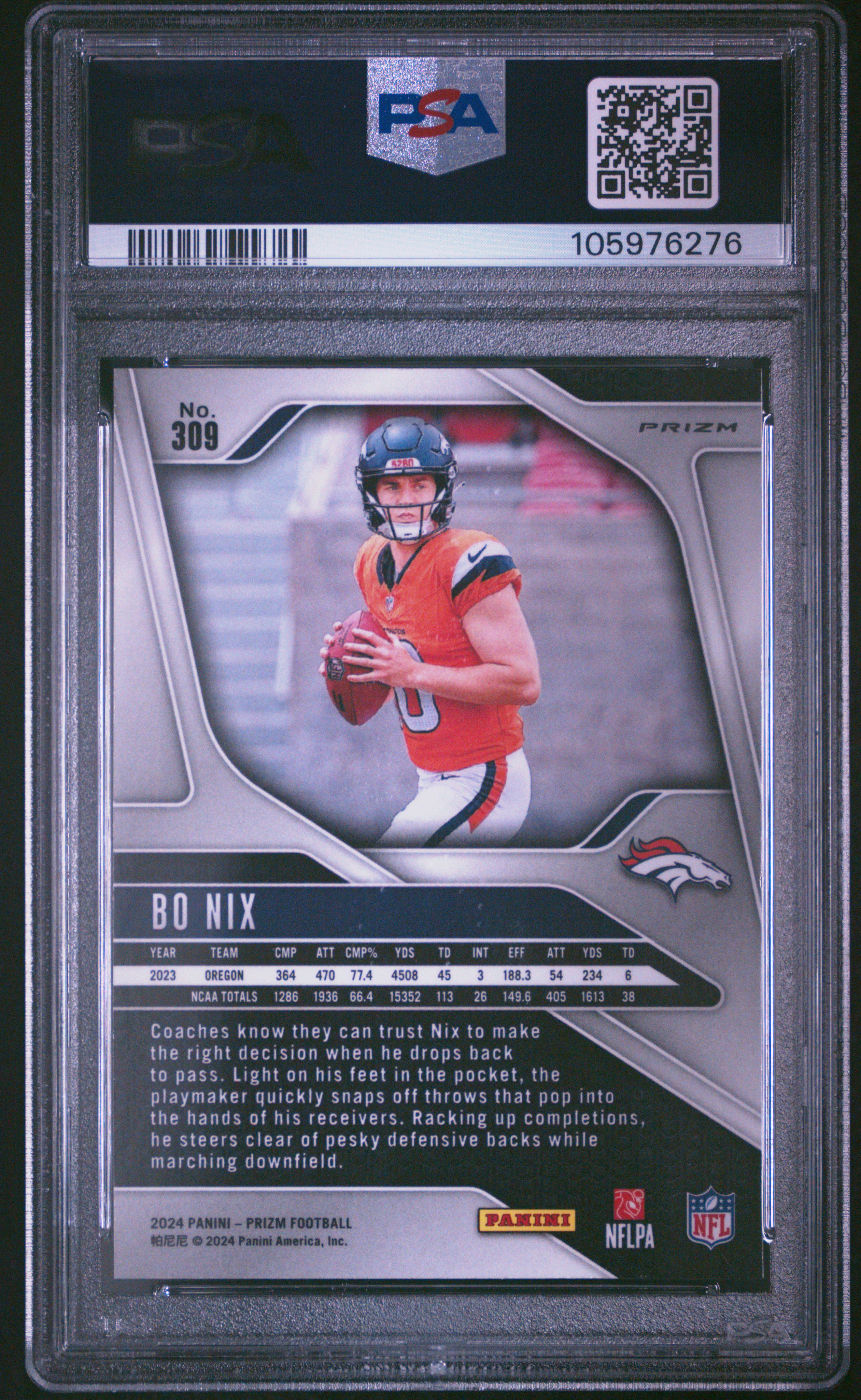 2024 Panini Prizm Bo Nix #309 (Neon Green Pulsar) Gem Mt 10 back