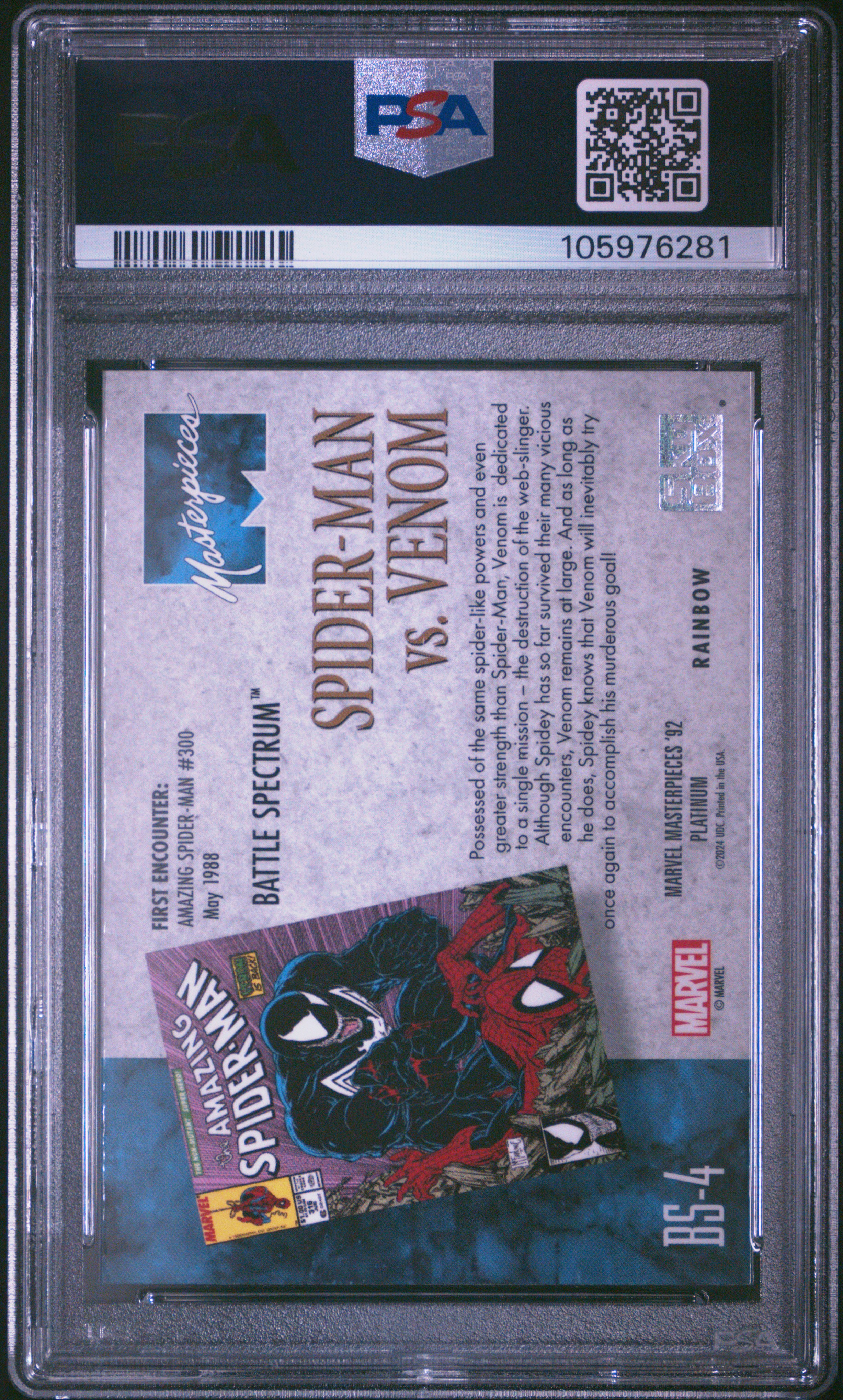 2024 Upper Deck Marvel Masterpieces '92 Platinum Battle Spectrum Spider-Man Vs. Venom #Bs4 ('92 Plt Battle Spctrm-Rnbw) Gem Mt 10 back