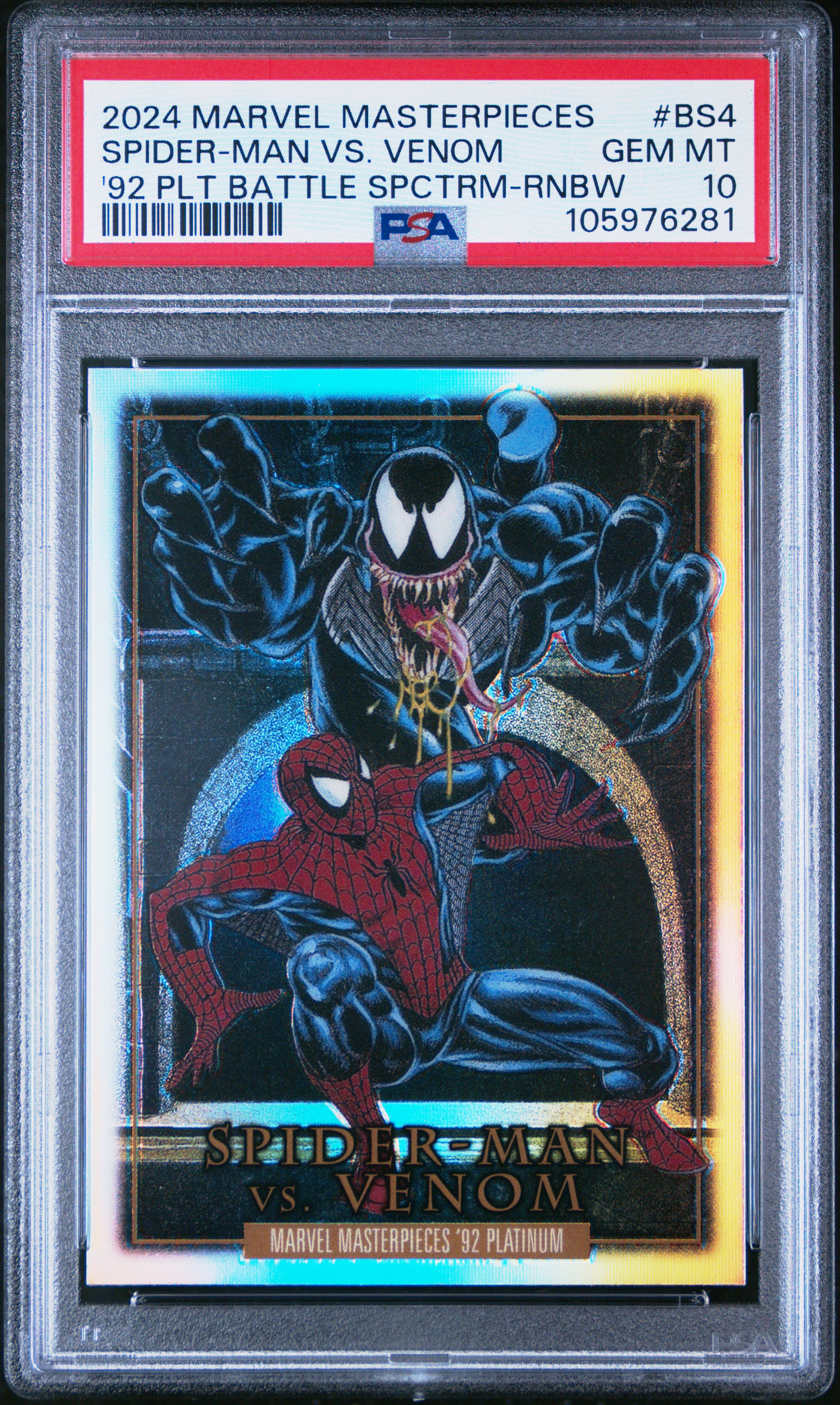 2024 Upper Deck Marvel Masterpieces '92 Platinum Battle Spectrum Spider-Man Vs. Venom #Bs4 ('92 Plt Battle Spctrm-Rnbw) Gem Mt 10 front