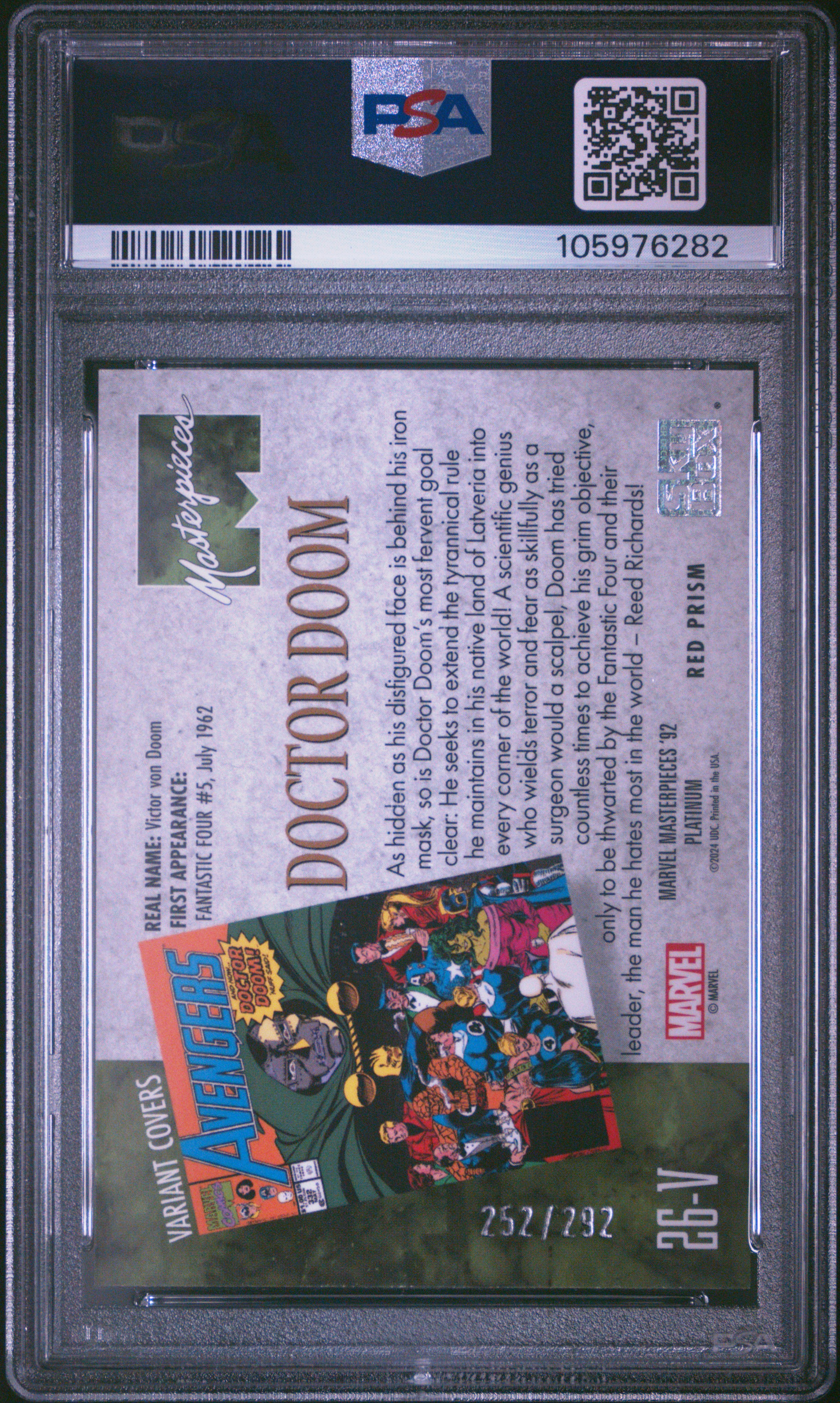 2024 Upper Deck Marvel Masterpieces '92 Platinum Doctor Doom #26V ('92 Platinum-V/C-Red Prism) Gem Mt 10 back