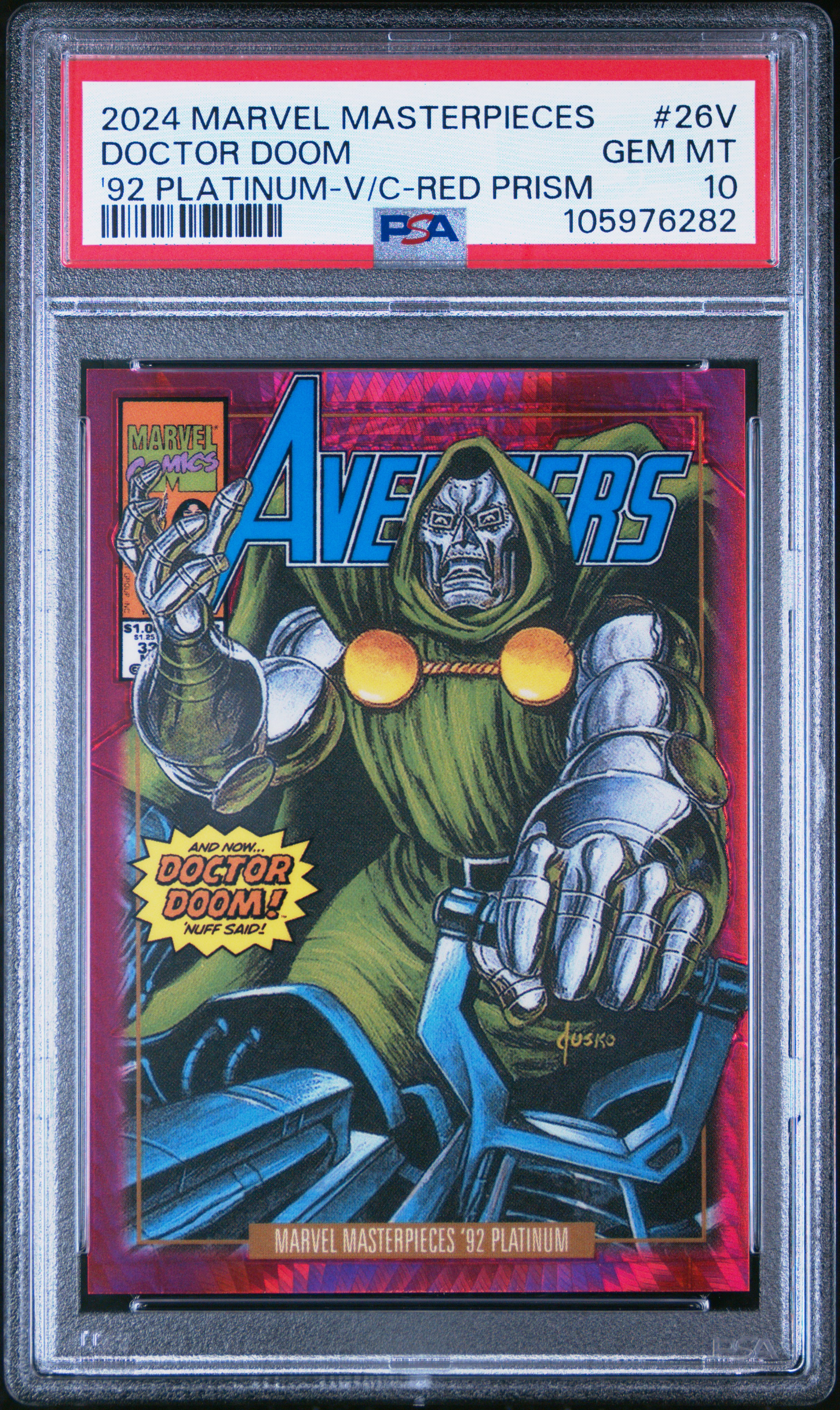 2024 Upper Deck Marvel Masterpieces '92 Platinum Doctor Doom #26V ('92 Platinum-V/C-Red Prism) Gem Mt 10 front