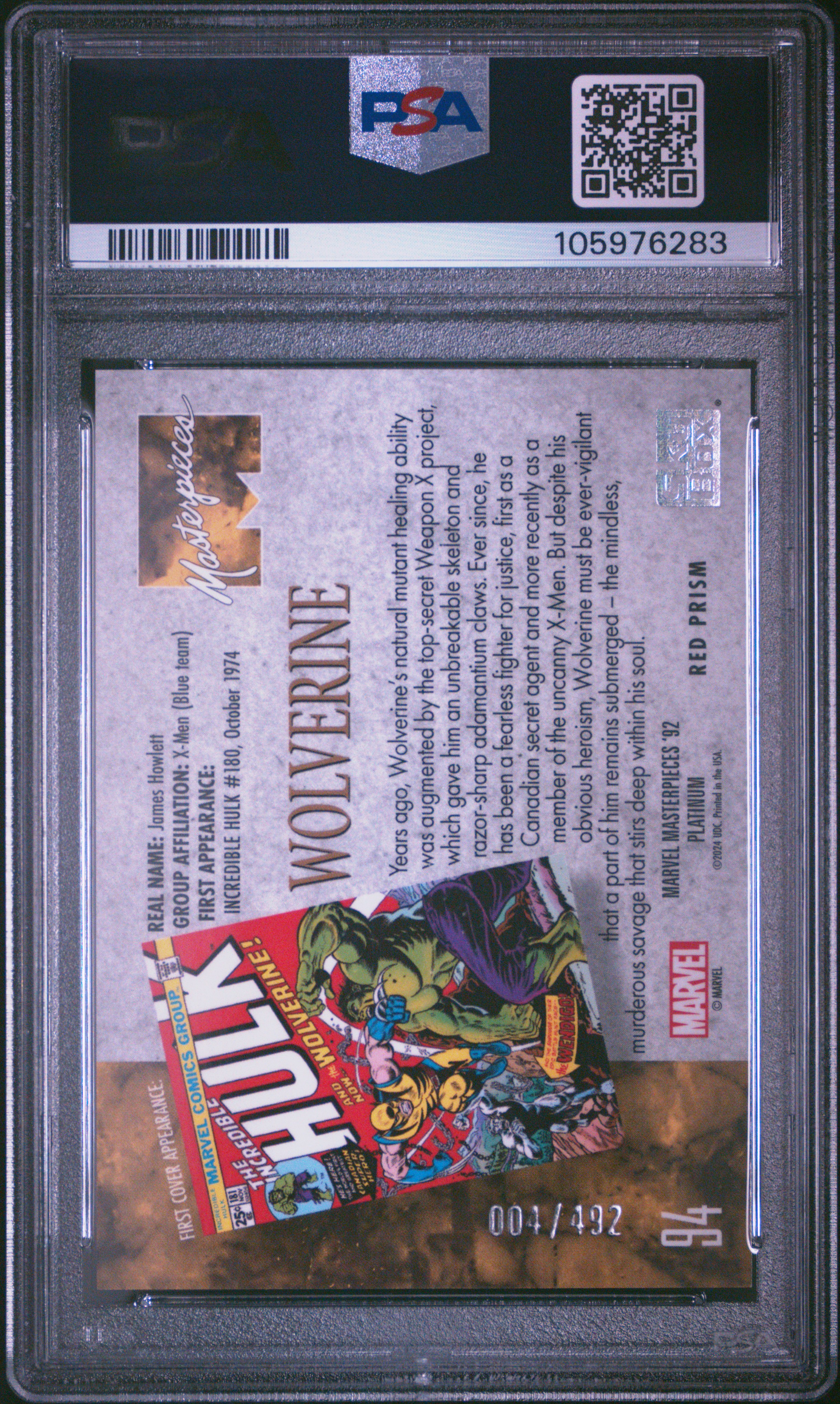 2024 Upper Deck Marvel Masterpieces '92 Platinum Wolverine #94 ('92 Platinum-Red Prism) Mint 9 back