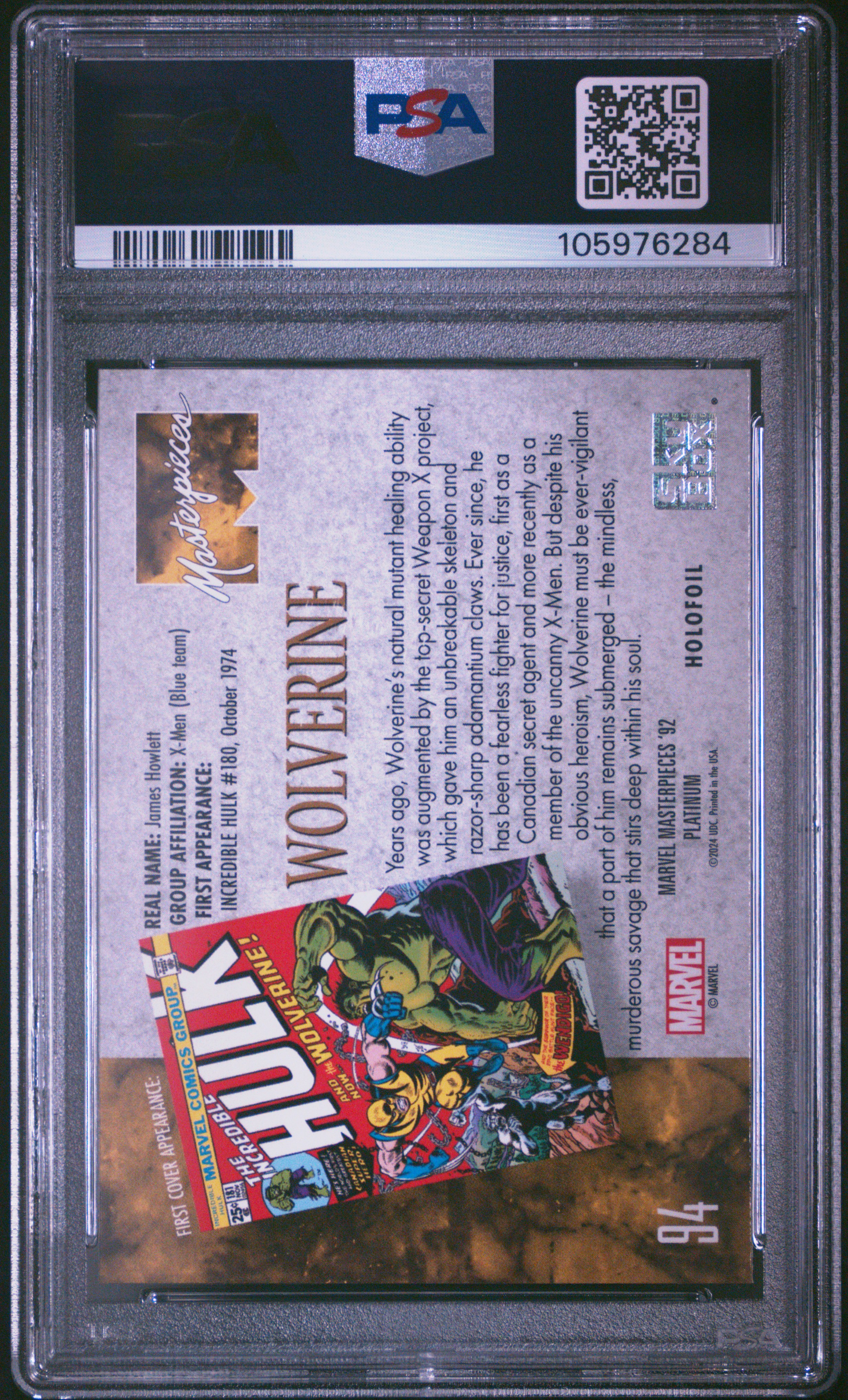 2024 Upper Deck Marvel Masterpieces '92 Platinum Wolverine #94 ('92 Platinum-Holofil) Gem Mt 10 back