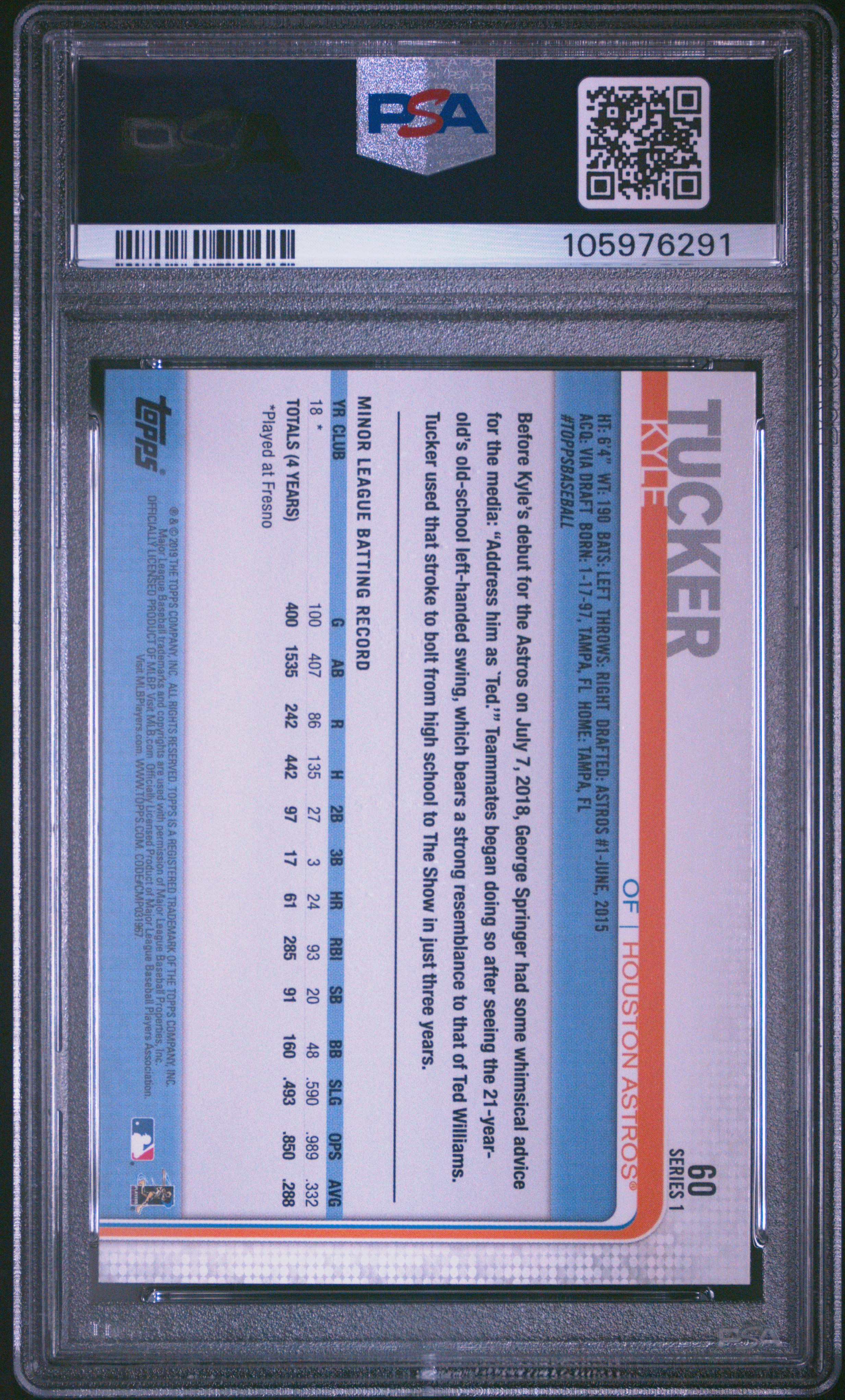 2019 Topps Kyle Tucker #60 (Sp) Gem Mt 10 back