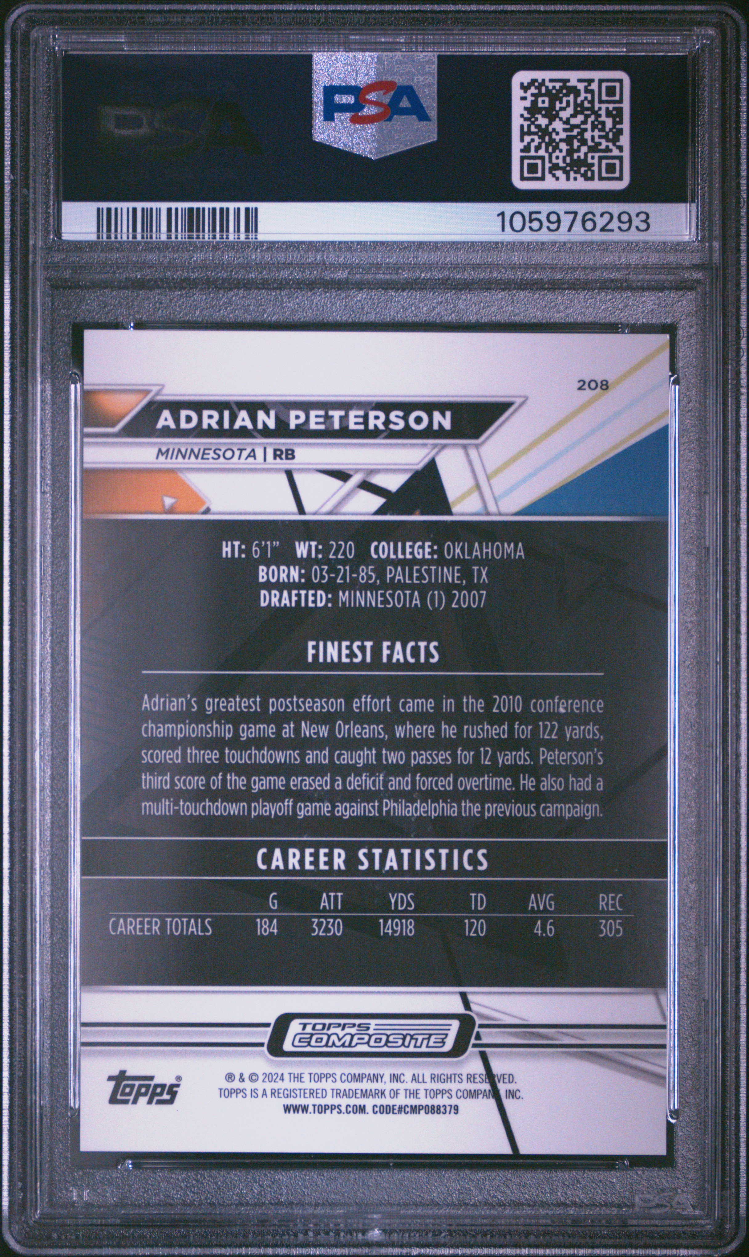 2023 Topps Composite Adrian Peterson #208 (Red Refractor) Gem Mt 10 back