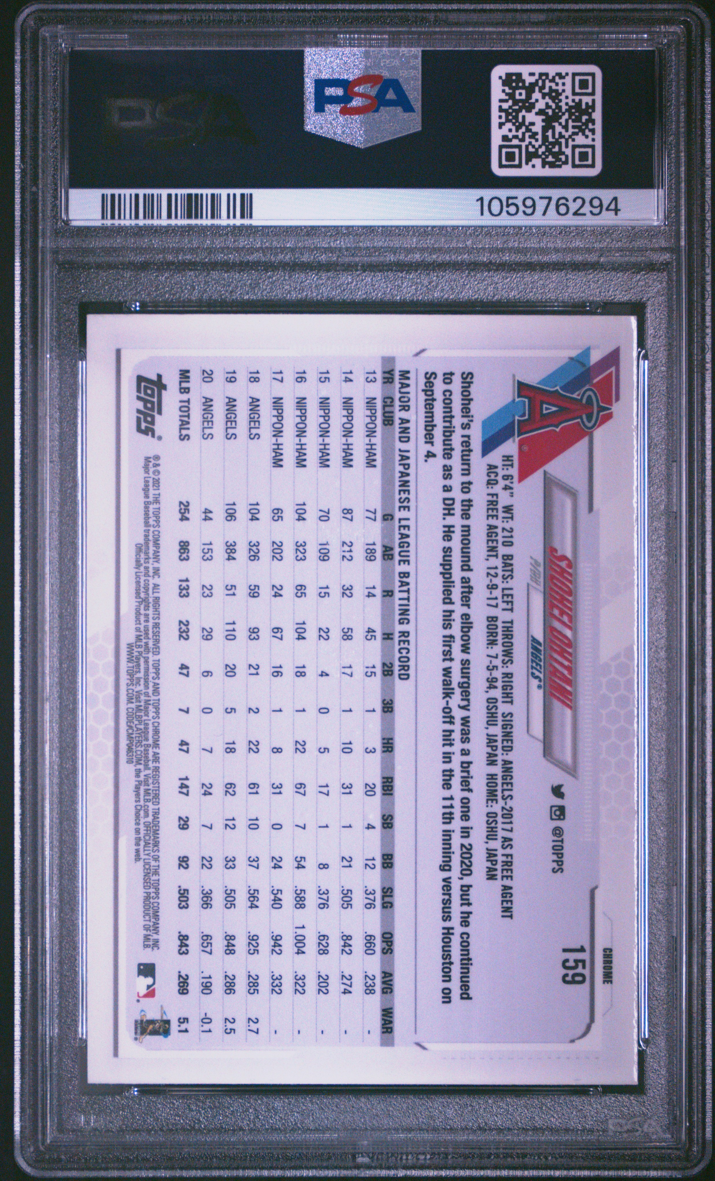 2021 Topps Chrome Shohei Ohtani #159 (Pink Refractor) Gem Mt 10 back