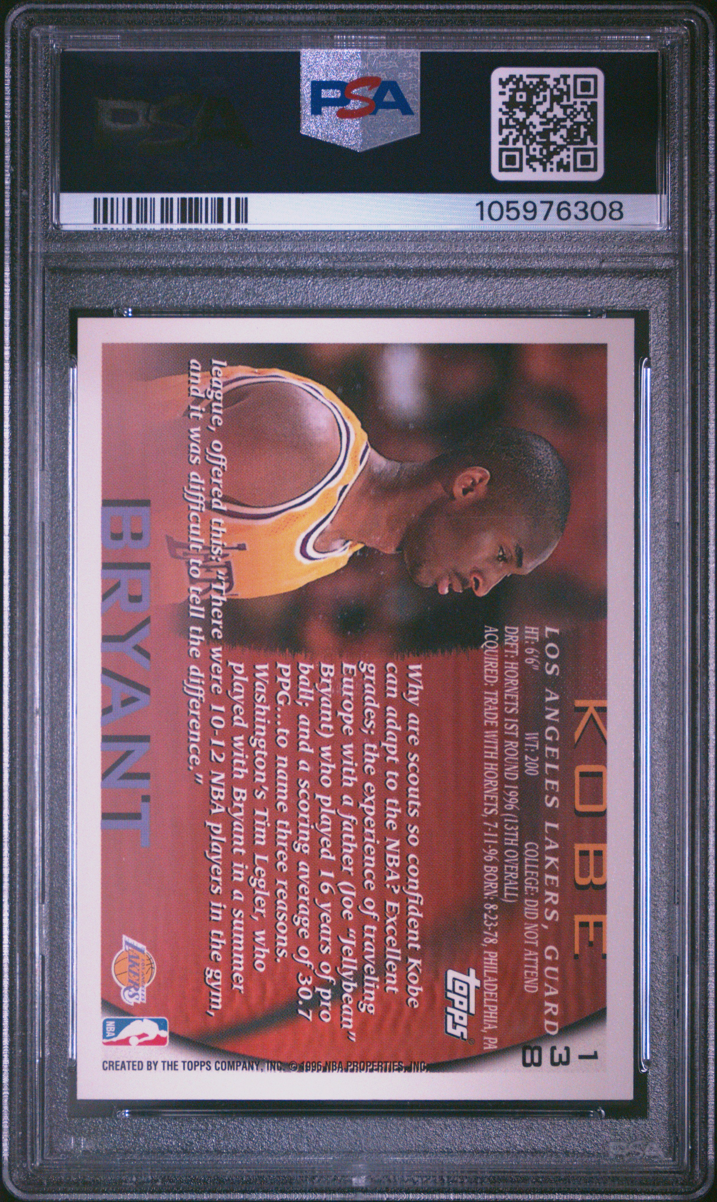 1996 Topps Kobe Bryant #138 Nm-Mt 8 back