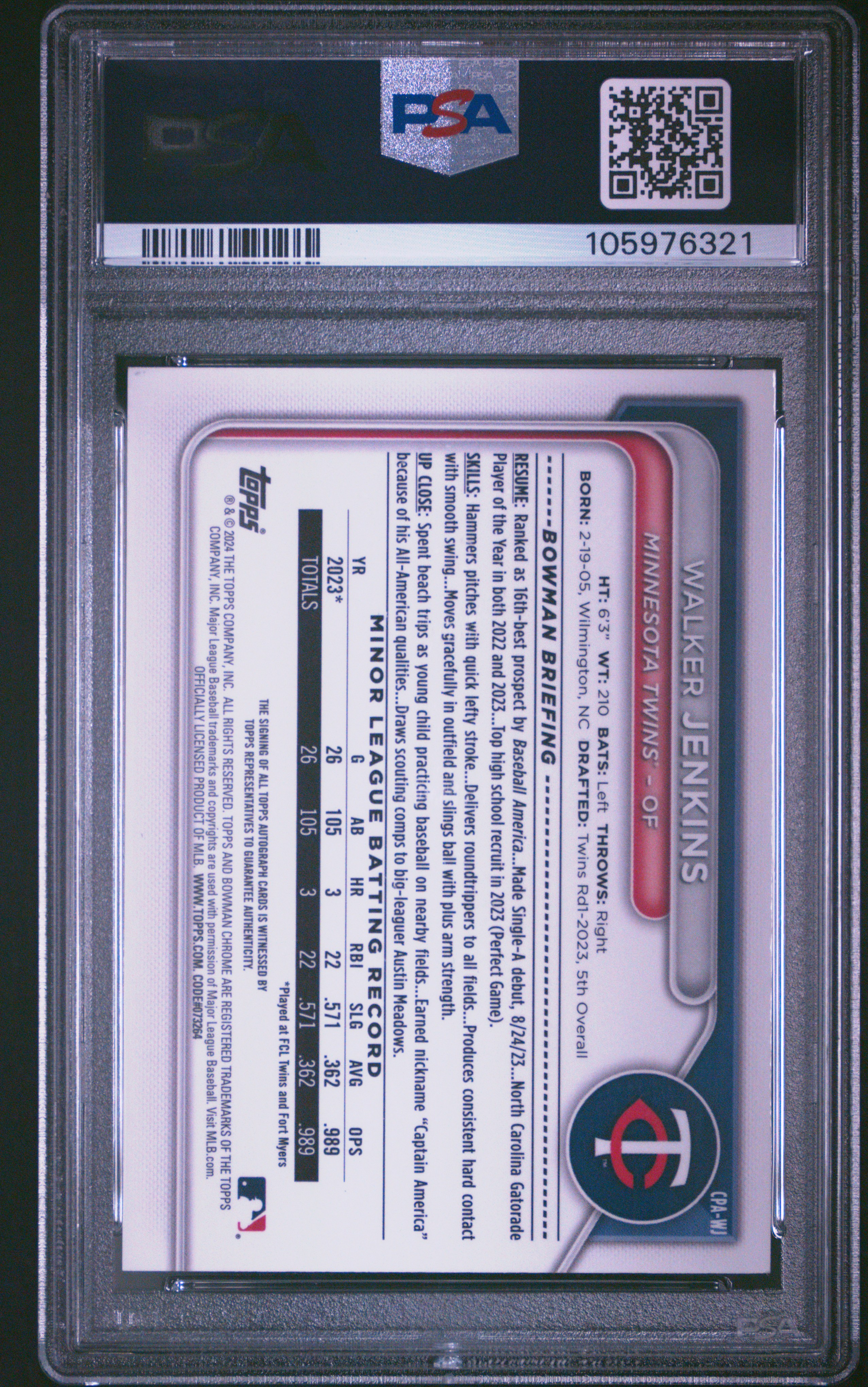 2024 Bowman Chrome Prospect Autographs Walker Jenkins #Cpawj Mint 9 back