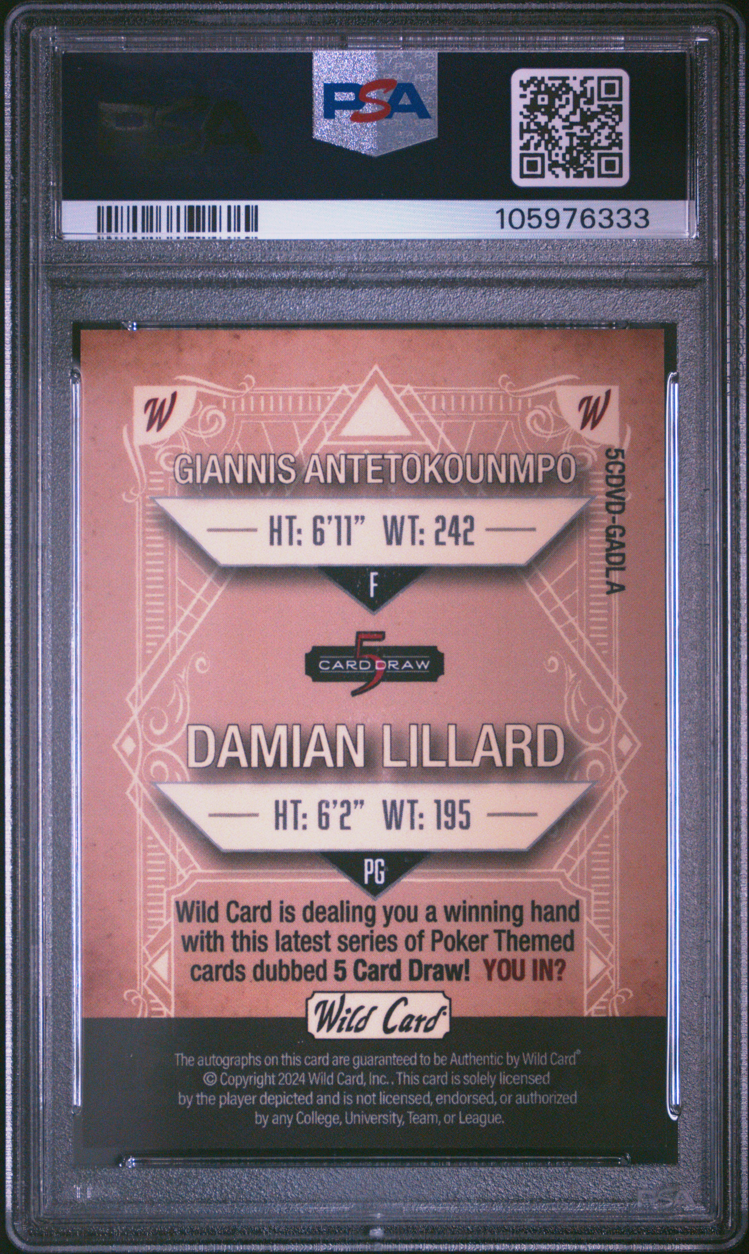 2024 Wild Card 5 Card Draw 2Up Autographs Antetokounmpo/Lillard #Gadla (2Up Au-Vntg-Spkl-Tan 1/1) Gem Mt 10 back