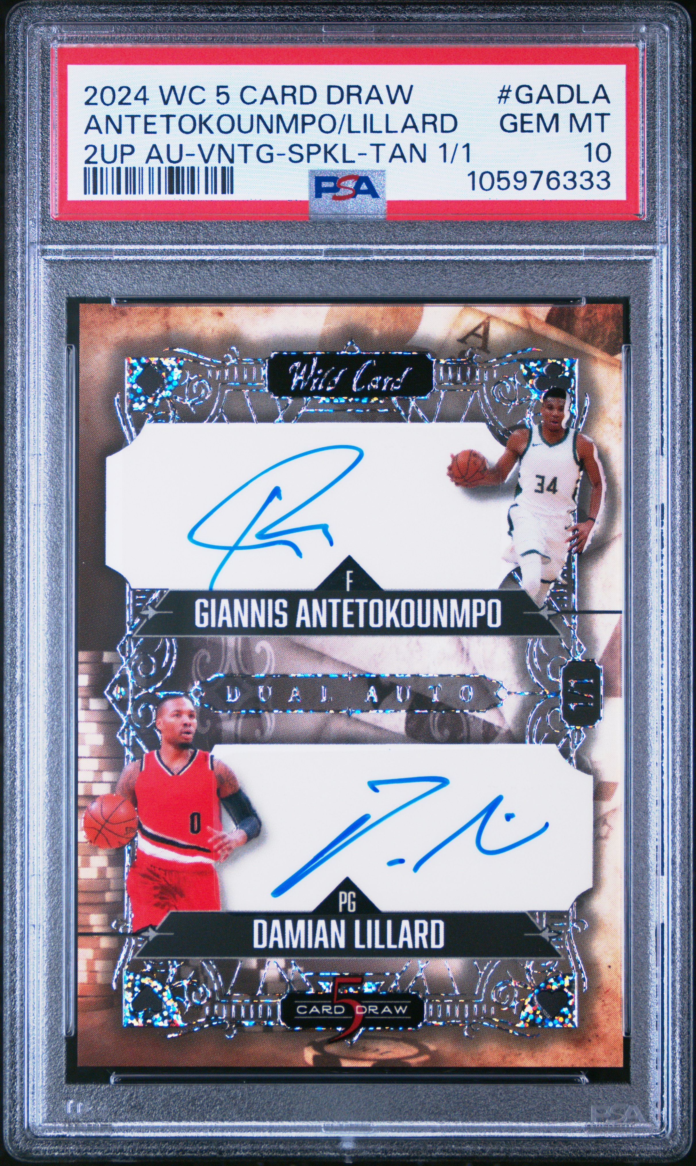 2024 Wild Card 5 Card Draw 2Up Autographs Antetokounmpo/Lillard #Gadla (2Up Au-Vntg-Spkl-Tan 1/1) Gem Mt 10 front