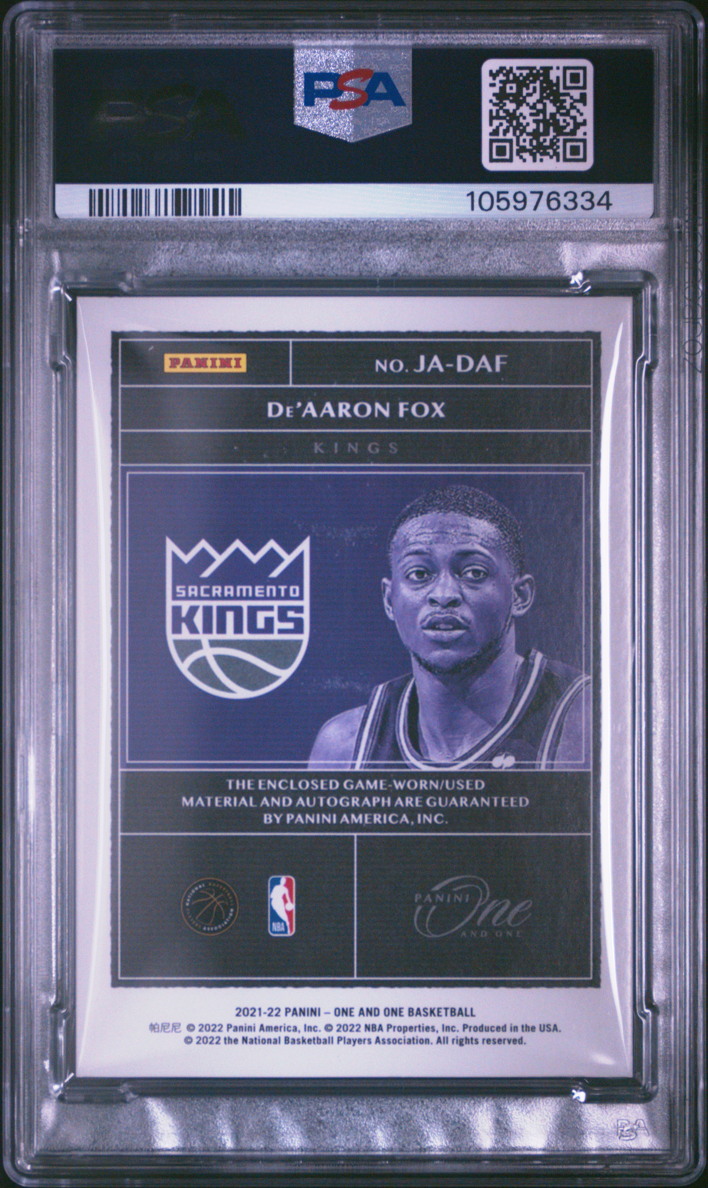 2021 Panini One And One Jersey Autographs De’aaron Fox #Daf (Jersey Autograph-Red) Mint 9 back