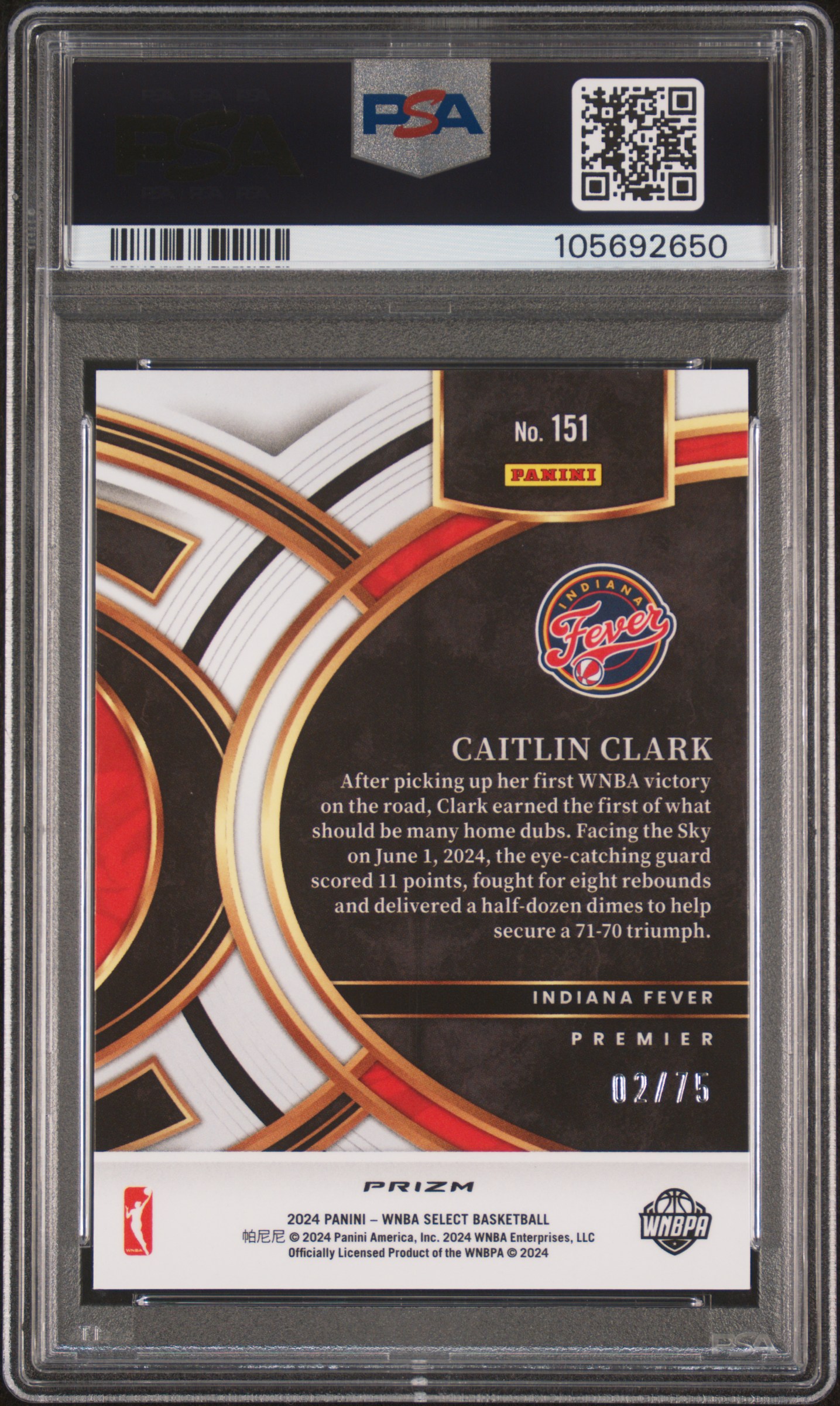 2024 Panini Select Wnba Caitlin Clark #151 (Neon Green Prizm) Gem Mt 10 back