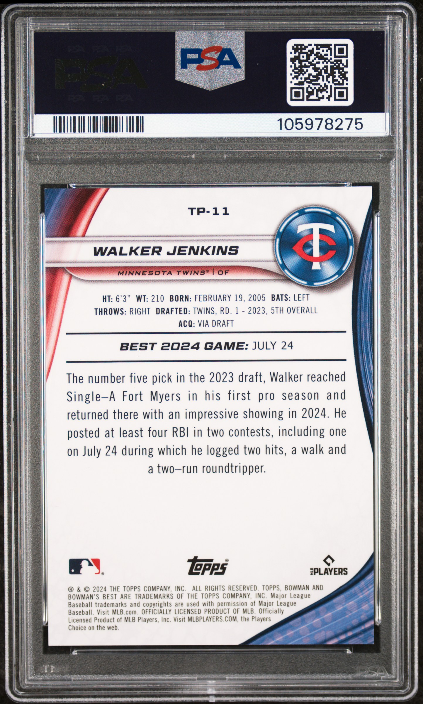 2024 Bowman's Best Top Prospects Walker Jenkins #Tp11 (Top Prospects-Orange Ref) Gem Mt 10 back