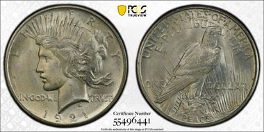 1921 $1 High Relief, Peace MS65