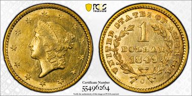 1849-C G$1 Closed Wreath AU58