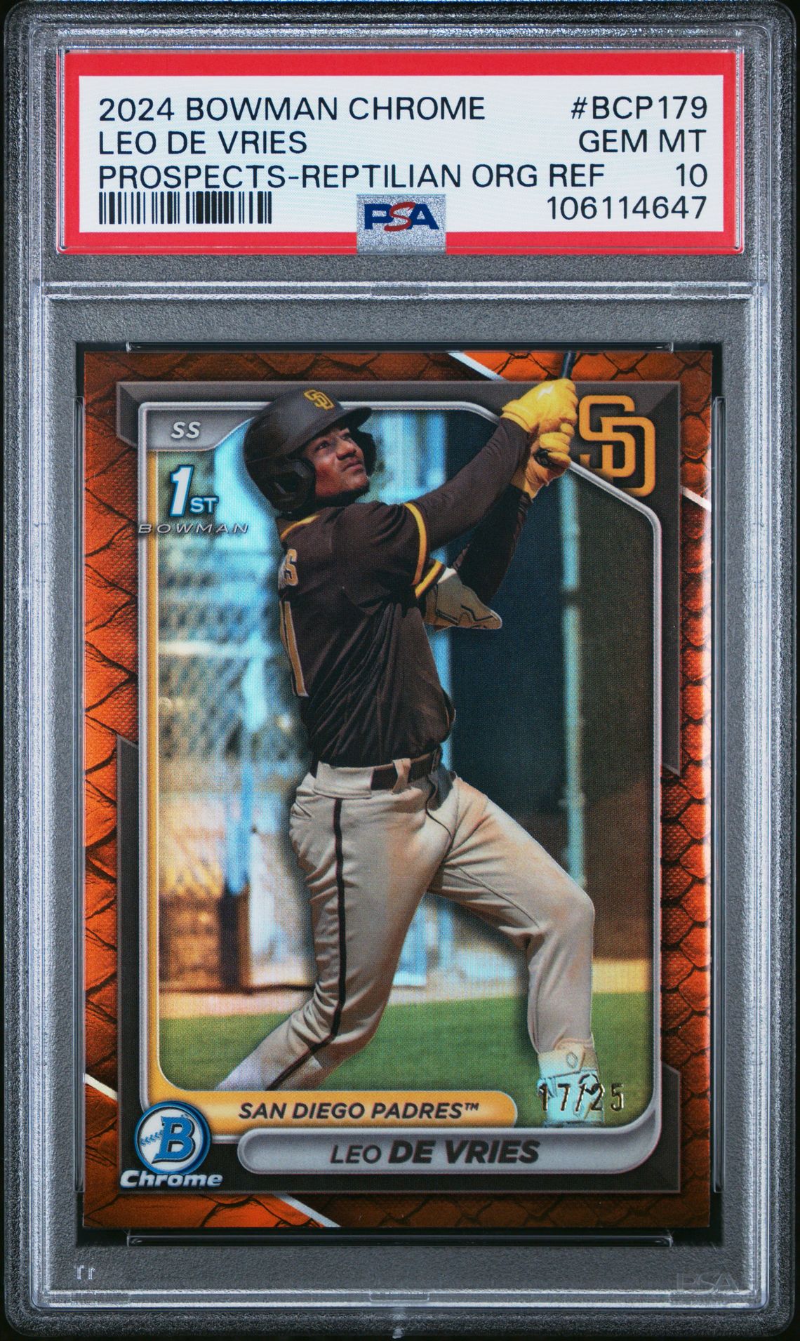 2024 Bowman BOWMAN CHROME PROSPECTS PROSPECTS-REPTILIAN ORG REF #BCP179 Leo De Vries front