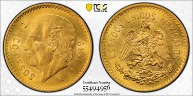 1919-M 5 Peso KM-464  Au MS64