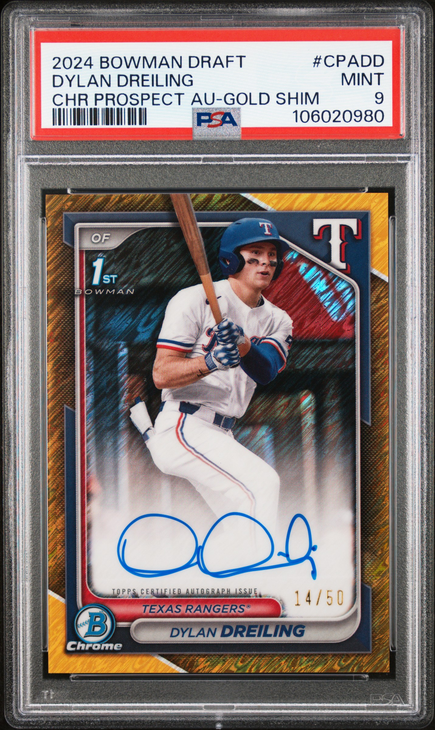 2024 #CPADD Dylan Dreiling PSA 9 Bowman Draft Chrome Prospect Autographs