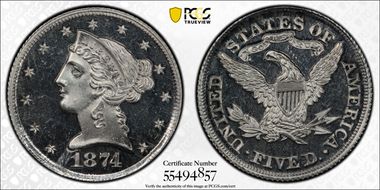 1874 $5 J-1372 PR66DCAM