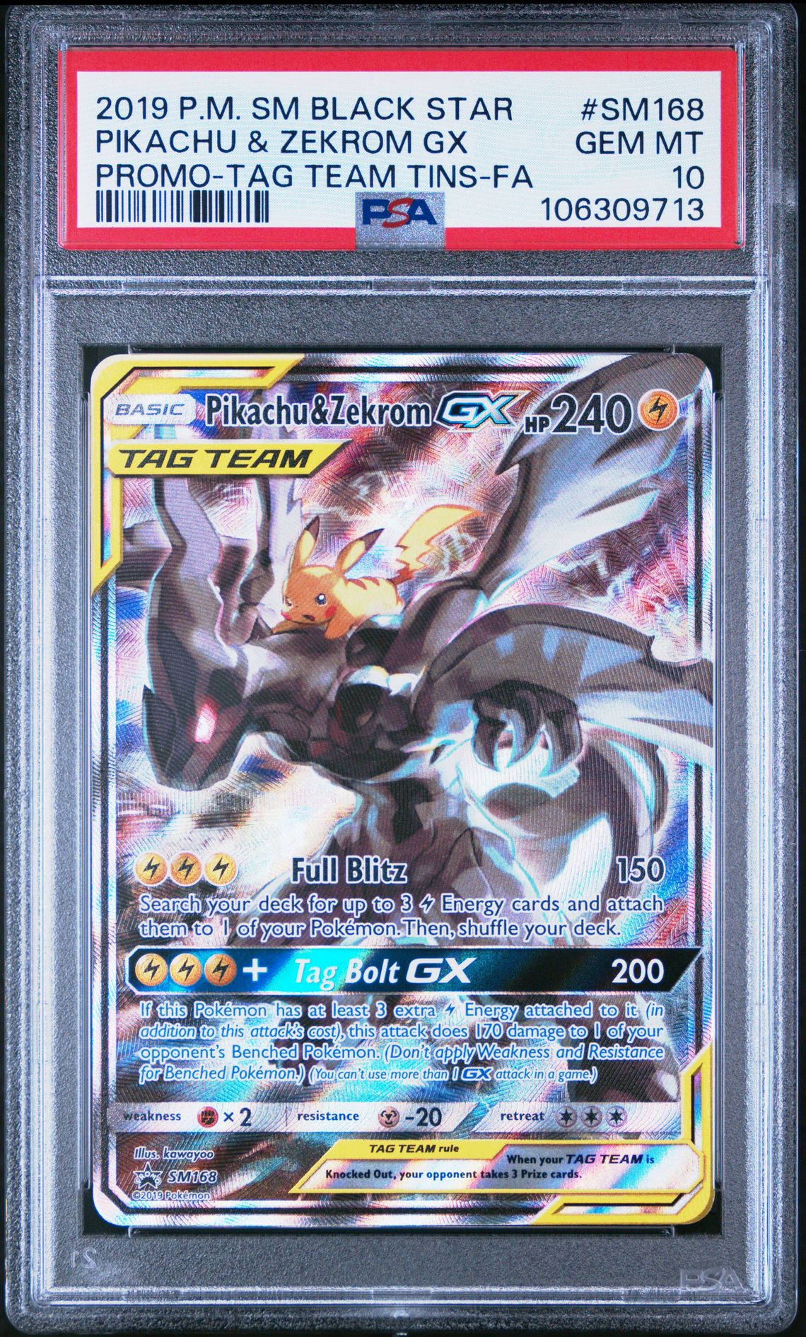2019 Pokemon PROMO-TAG TEAM TINS-FA #SM168 Pikachu & Zekrom GX front